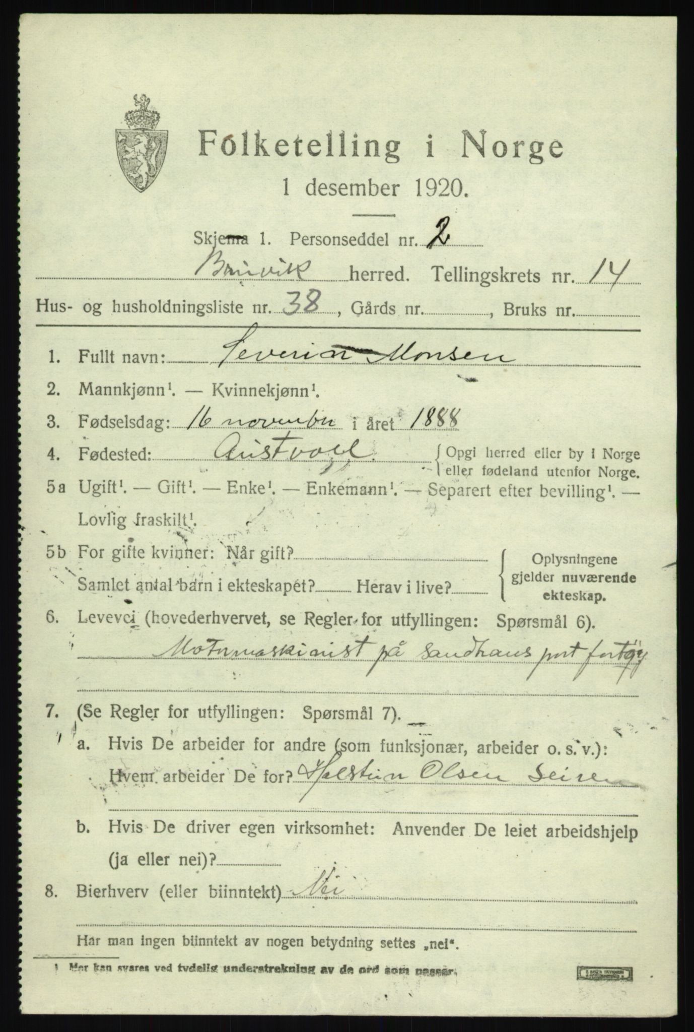 SAB, 1920 census for Bruvik, 1920, p. 9136