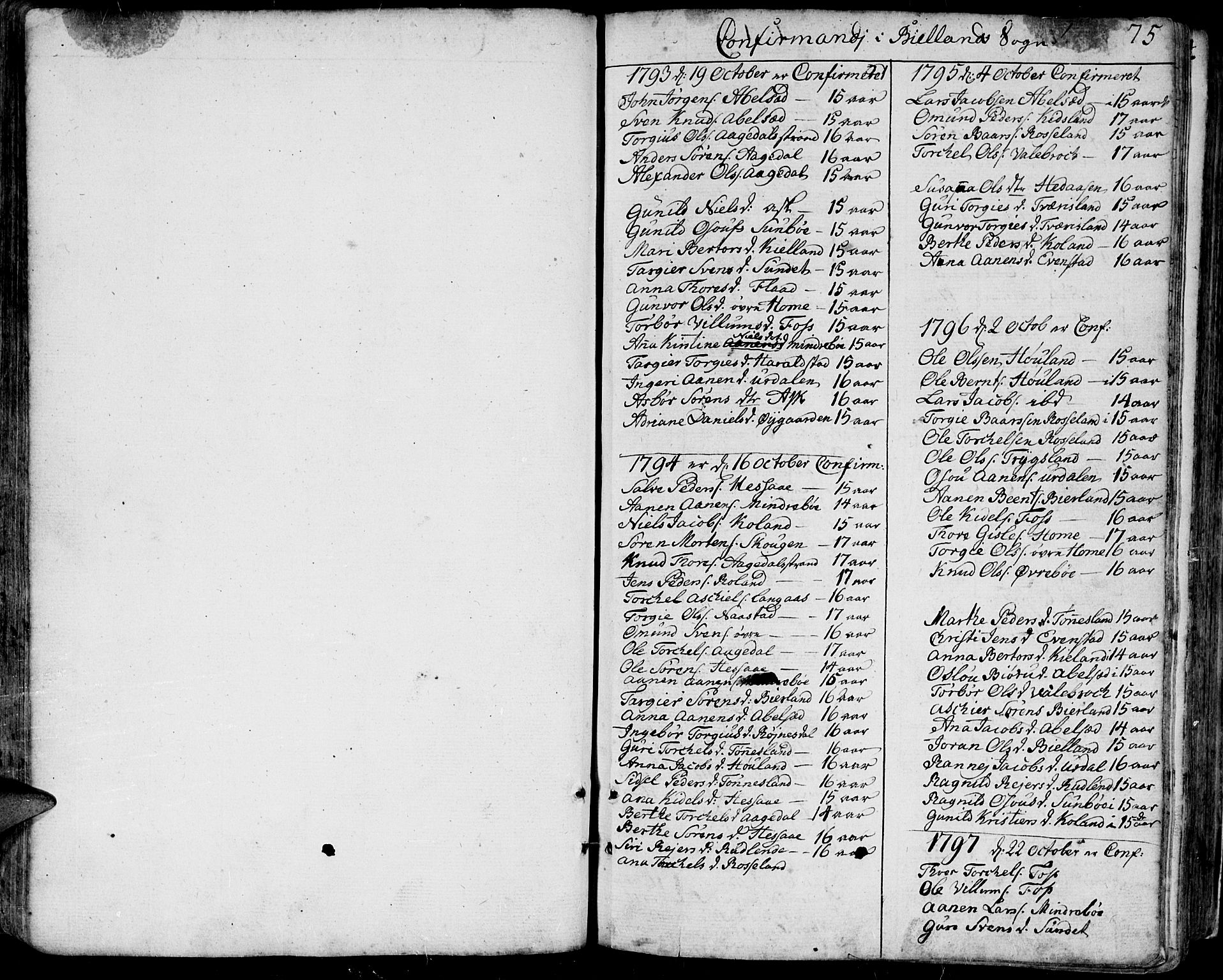 Bjelland sokneprestkontor, SAK/1111-0005/F/Fa/Faa/L0001: Parish register (official) no. A 1 /1, 1793-1815, p. 75