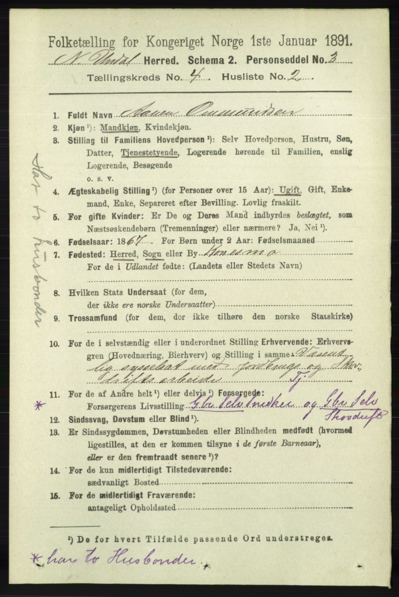 RA, 1891 census for 1028 Nord-Audnedal, 1891, p. 1103