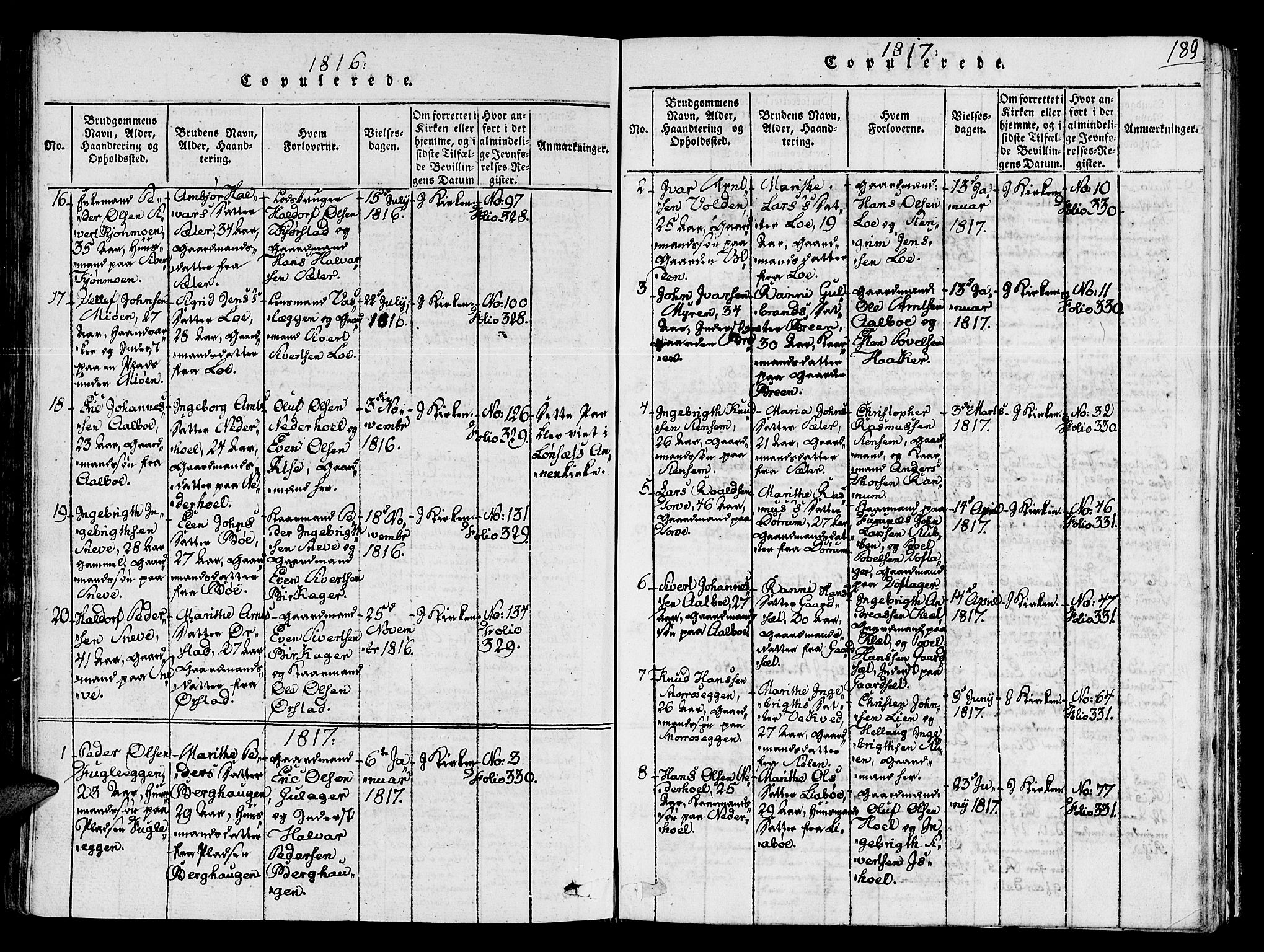 Ministerialprotokoller, klokkerbøker og fødselsregistre - Sør-Trøndelag, AV/SAT-A-1456/678/L0895: Parish register (official) no. 678A05 /1, 1816-1821, p. 189