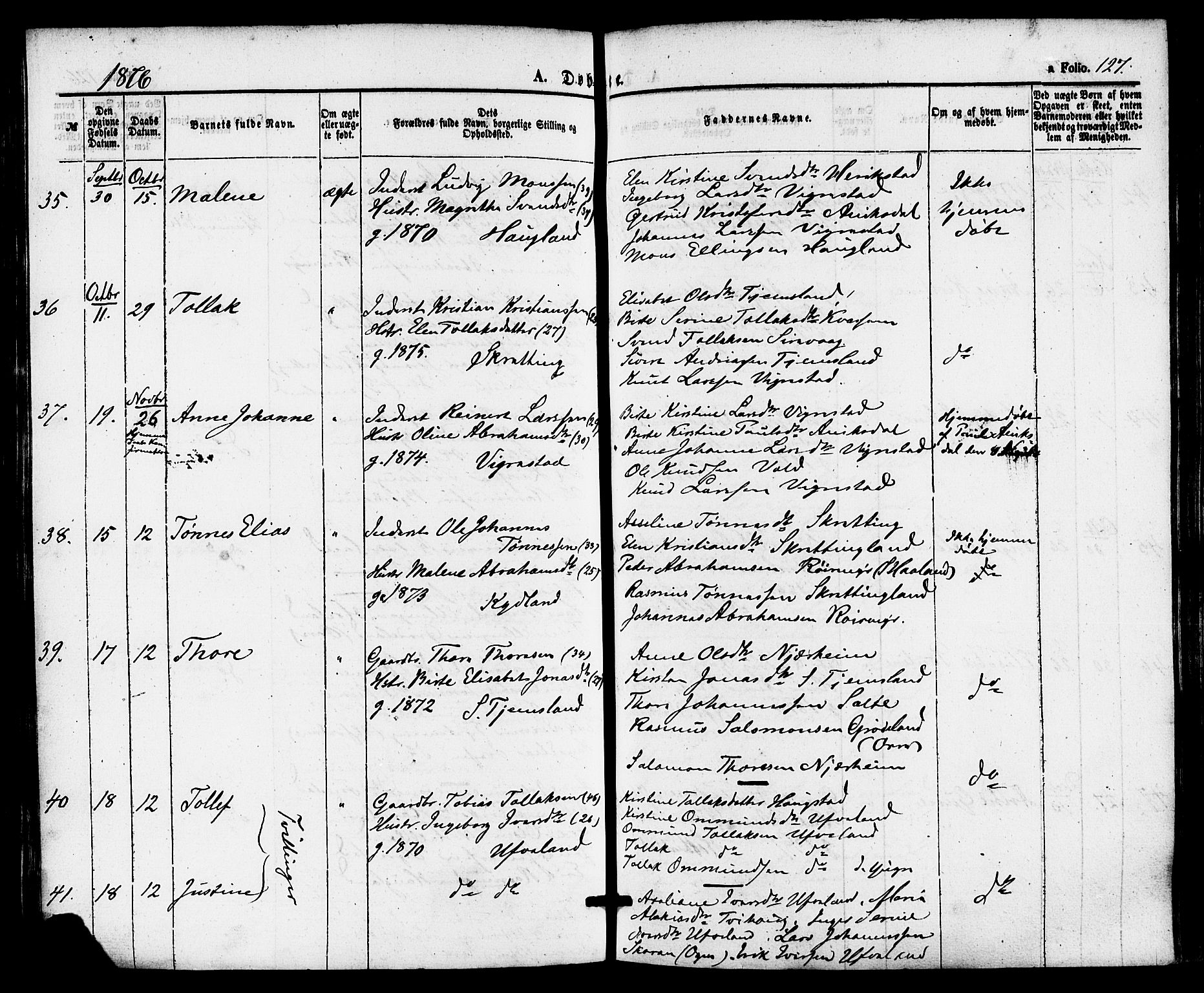 Hå sokneprestkontor, AV/SAST-A-101801/001/30BA/L0009: Parish register (official) no. A 8, 1855-1878, p. 127