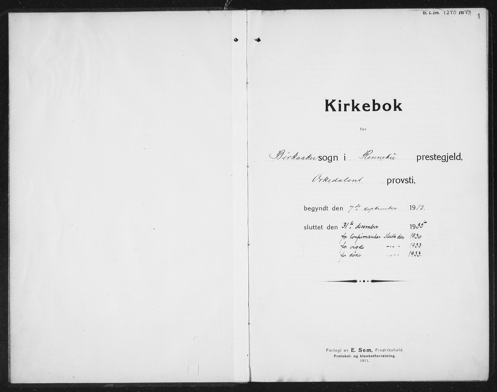Ministerialprotokoller, klokkerbøker og fødselsregistre - Sør-Trøndelag, SAT/A-1456/675/L0888: Parish register (copy) no. 675C01, 1913-1935, p. 1