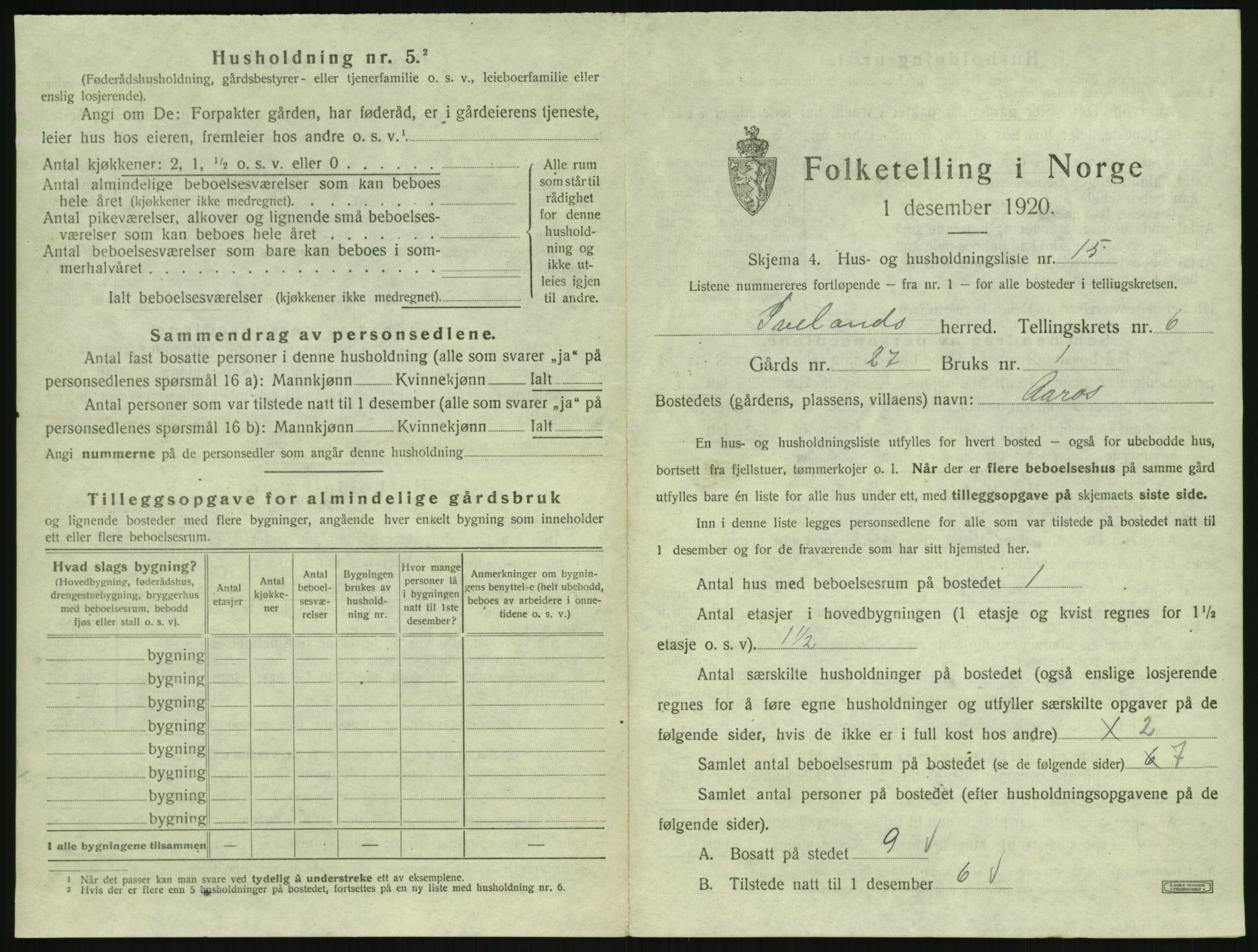 SAK, 1920 census for Iveland, 1920, p. 331