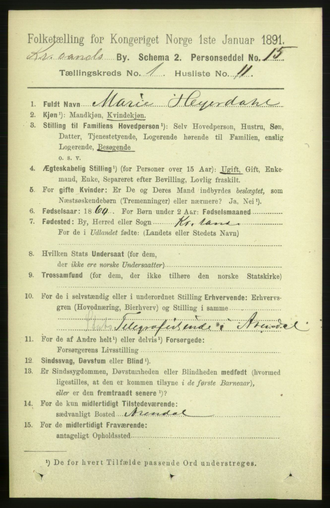 RA, 1891 census for 1001 Kristiansand, 1891, p. 2884