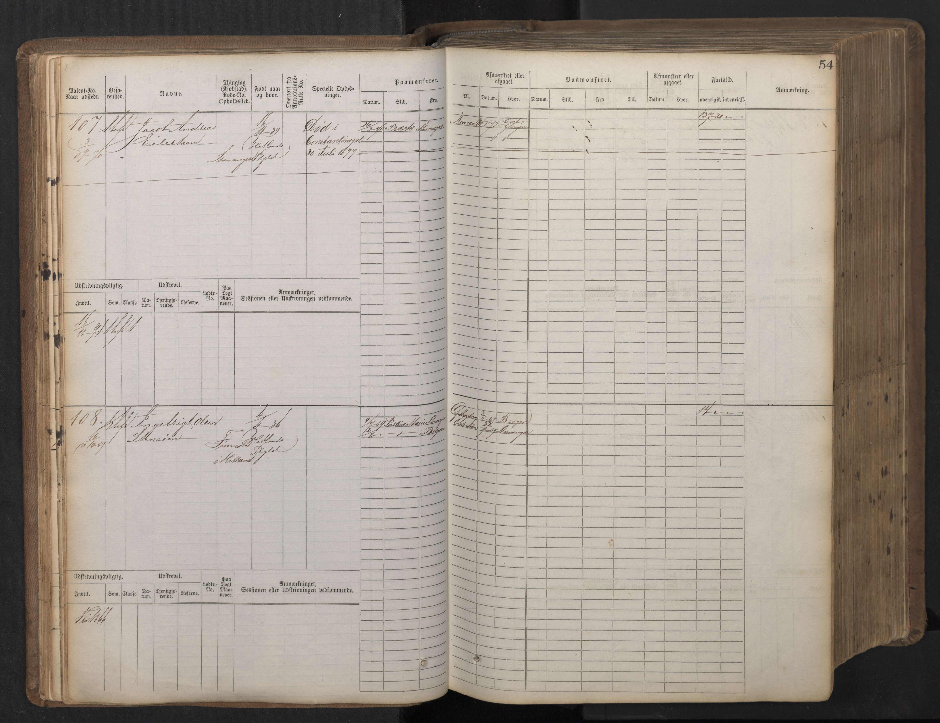 Stavanger sjømannskontor, AV/SAST-A-102006/F/Fb/Fbb/L0016: Sjøfartshovedrulle patnentnr. 1-1202 (dublett), 1869, p. 54