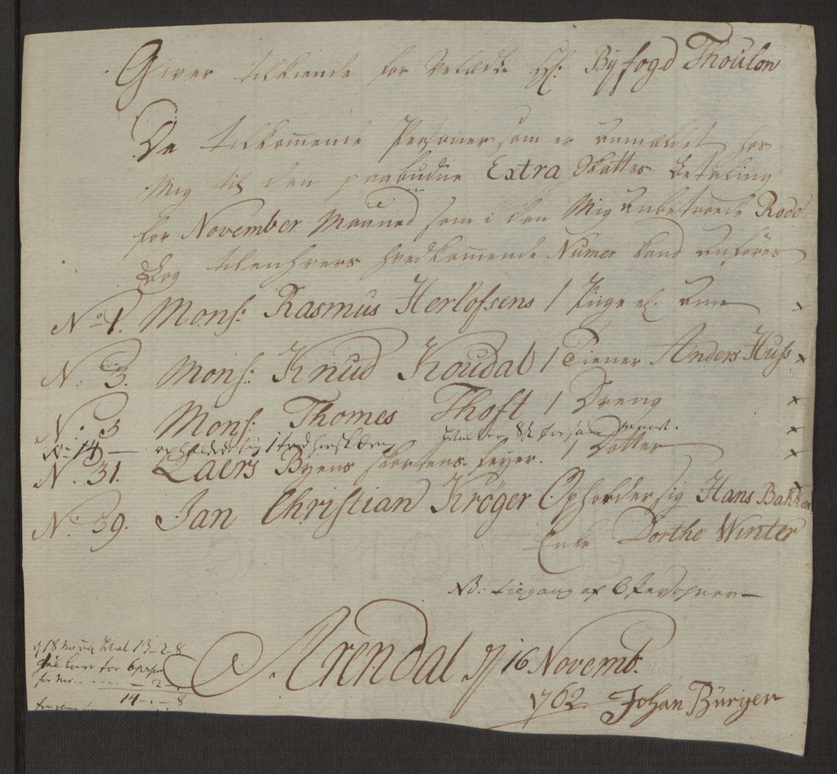 Rentekammeret inntil 1814, Reviderte regnskaper, Byregnskaper, RA/EA-4066/R/Rl/L0230/0001: [L4] Kontribusjonsregnskap / Ekstraskatt, 1762-1764, p. 51