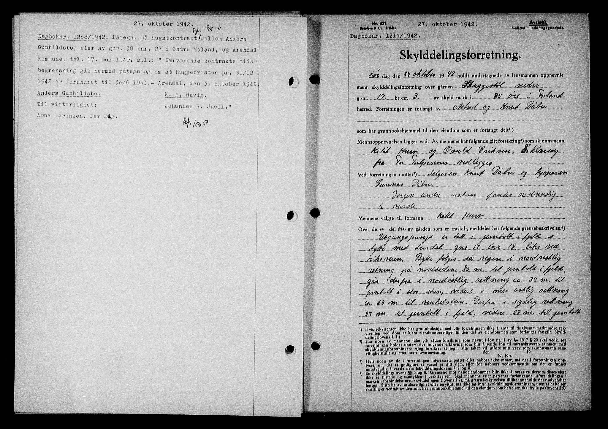 Nedenes sorenskriveri, AV/SAK-1221-0006/G/Gb/Gba/L0050: Mortgage book no. A-IV, 1942-1943, Diary no: : 1210/1942