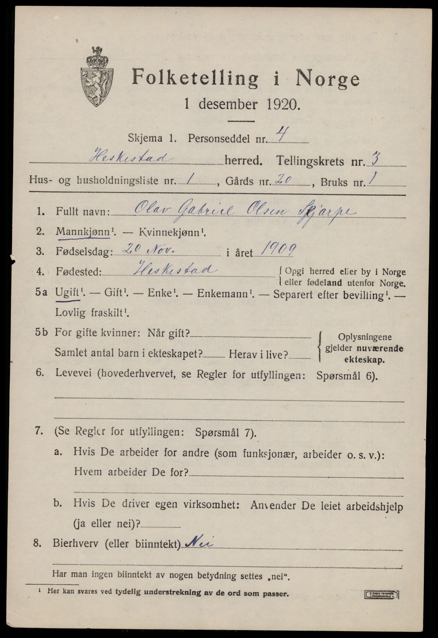 SAST, 1920 census for Heskestad, 1920, p. 943