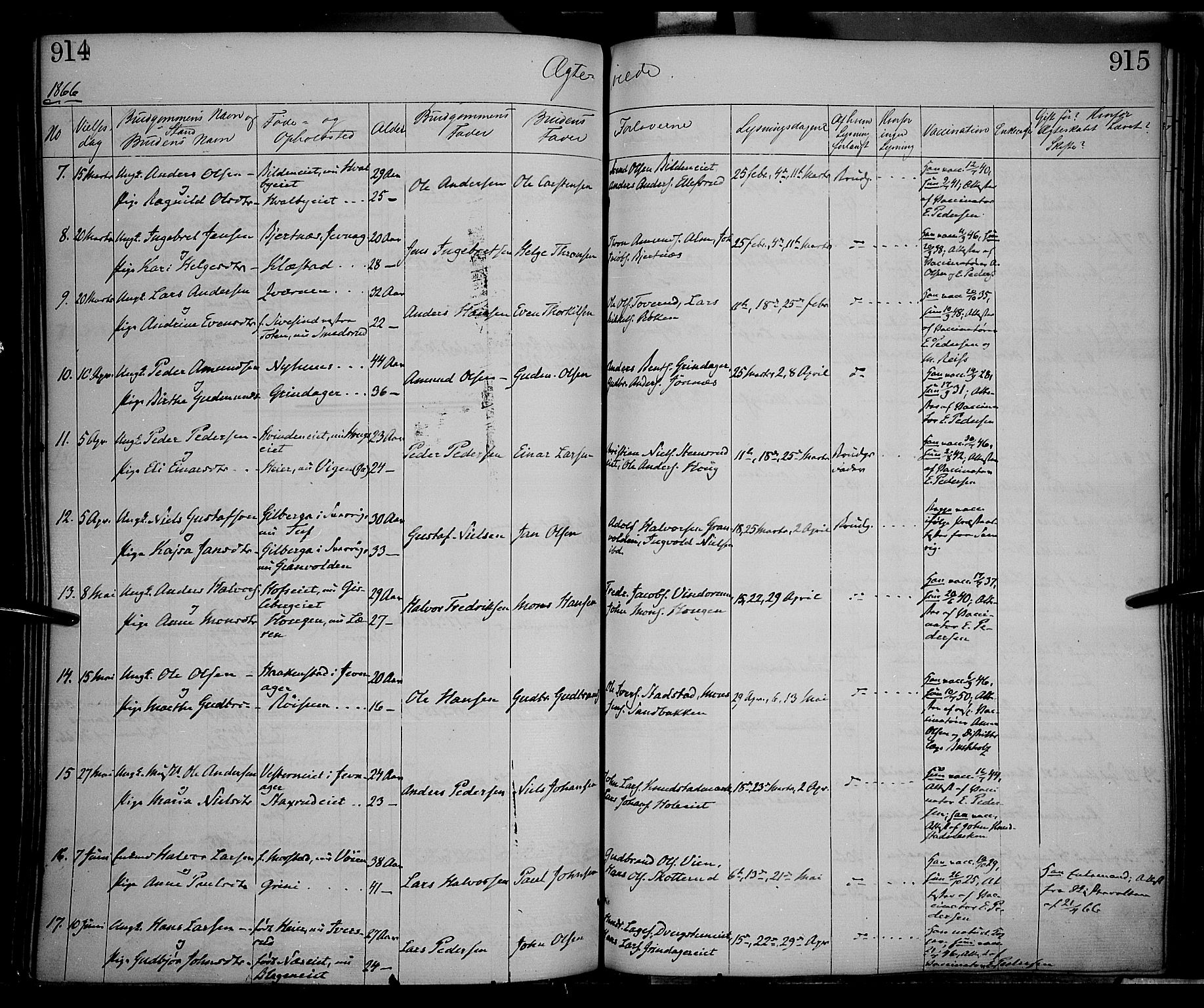 Gran prestekontor, SAH/PREST-112/H/Ha/Haa/L0012: Parish register (official) no. 12, 1856-1874, p. 914-915