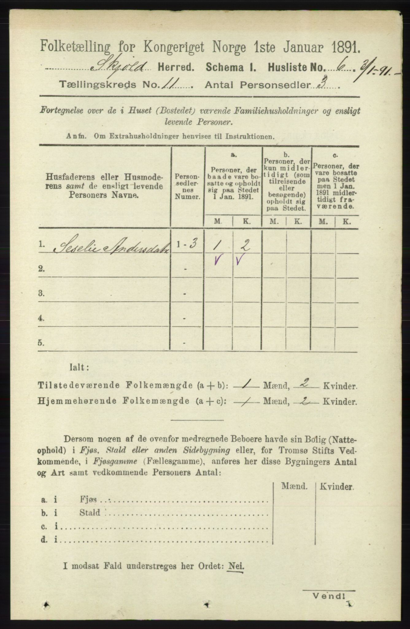 RA, 1891 census for 1154 Skjold, 1891, p. 2041