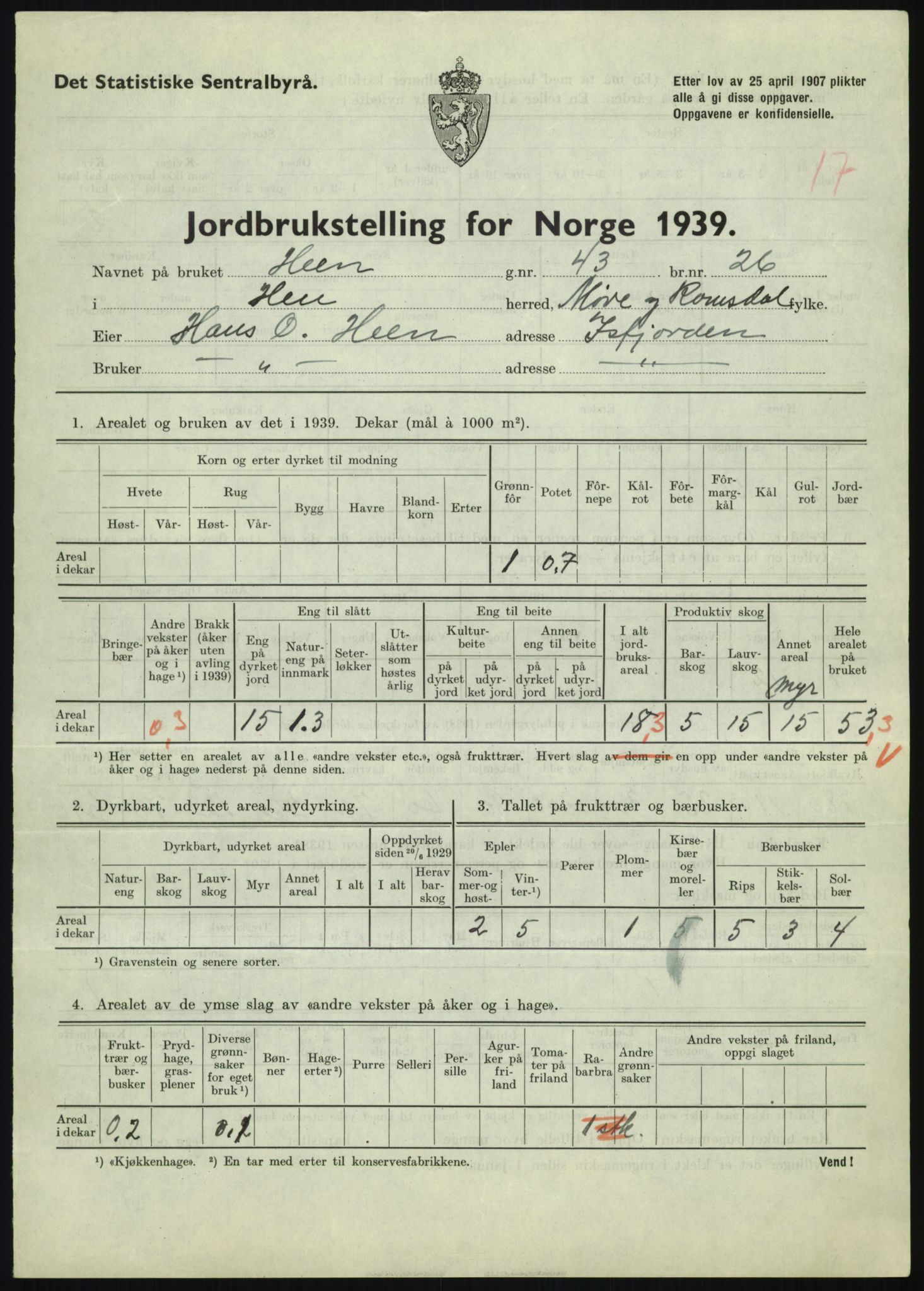 Statistisk sentralbyrå, Næringsøkonomiske emner, Jordbruk, skogbruk, jakt, fiske og fangst, AV/RA-S-2234/G/Gb/L0251: Møre og Romsdal: Voll, Eid, Grytten og Hen, 1939, p. 1159