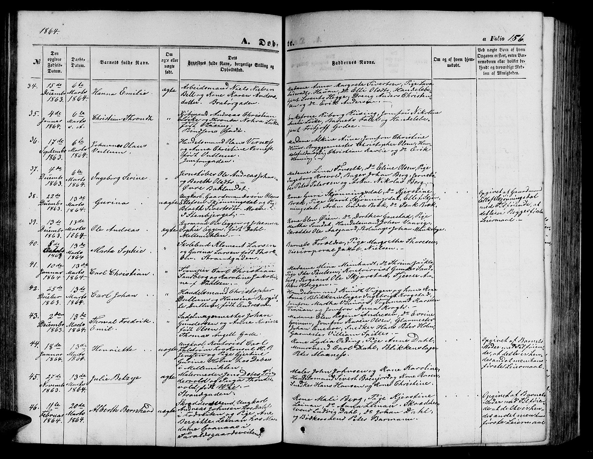 Ministerialprotokoller, klokkerbøker og fødselsregistre - Sør-Trøndelag, SAT/A-1456/602/L0139: Parish register (copy) no. 602C07, 1859-1864, p. 156