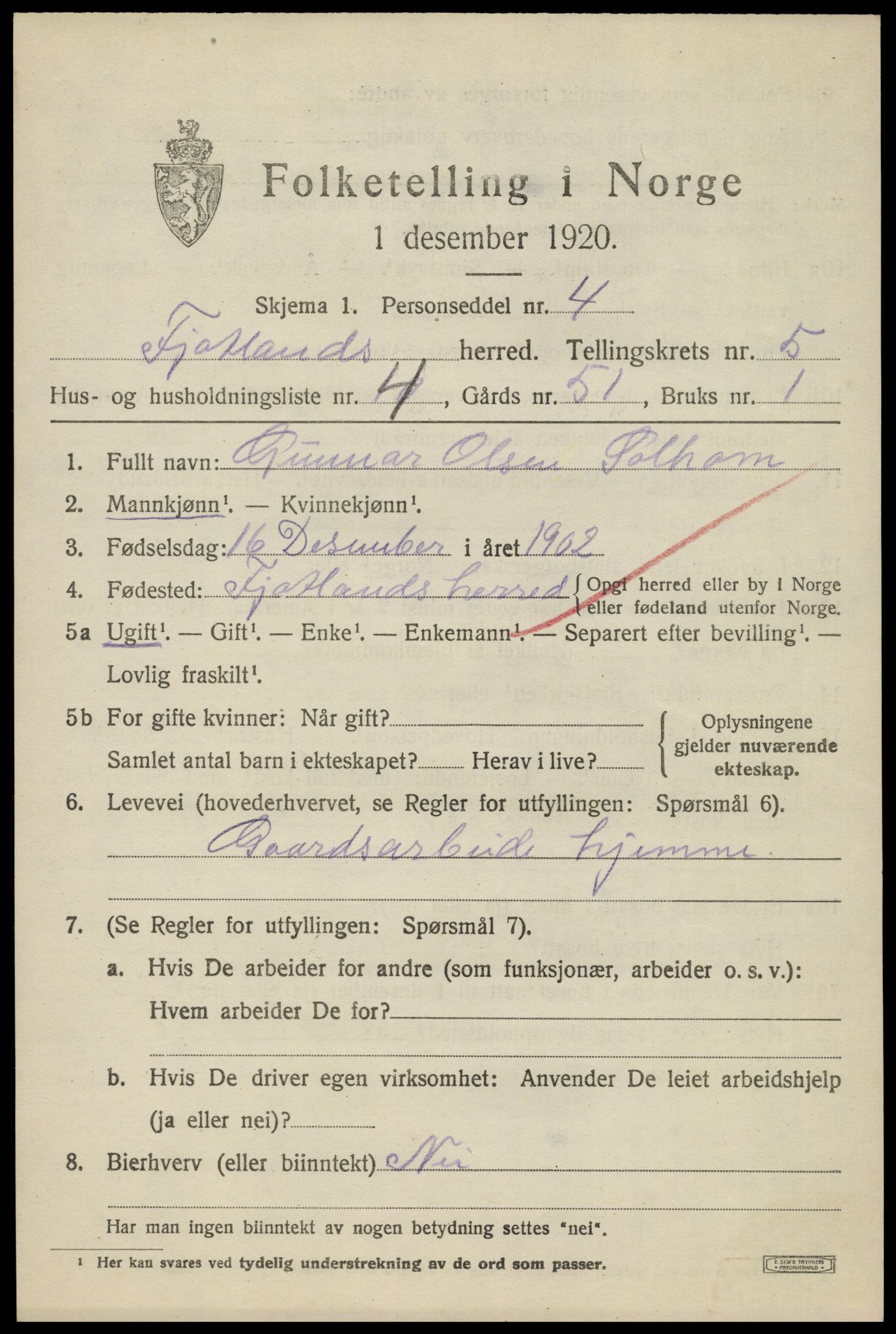 SAK, 1920 census for Fjotland, 1920, p. 1564