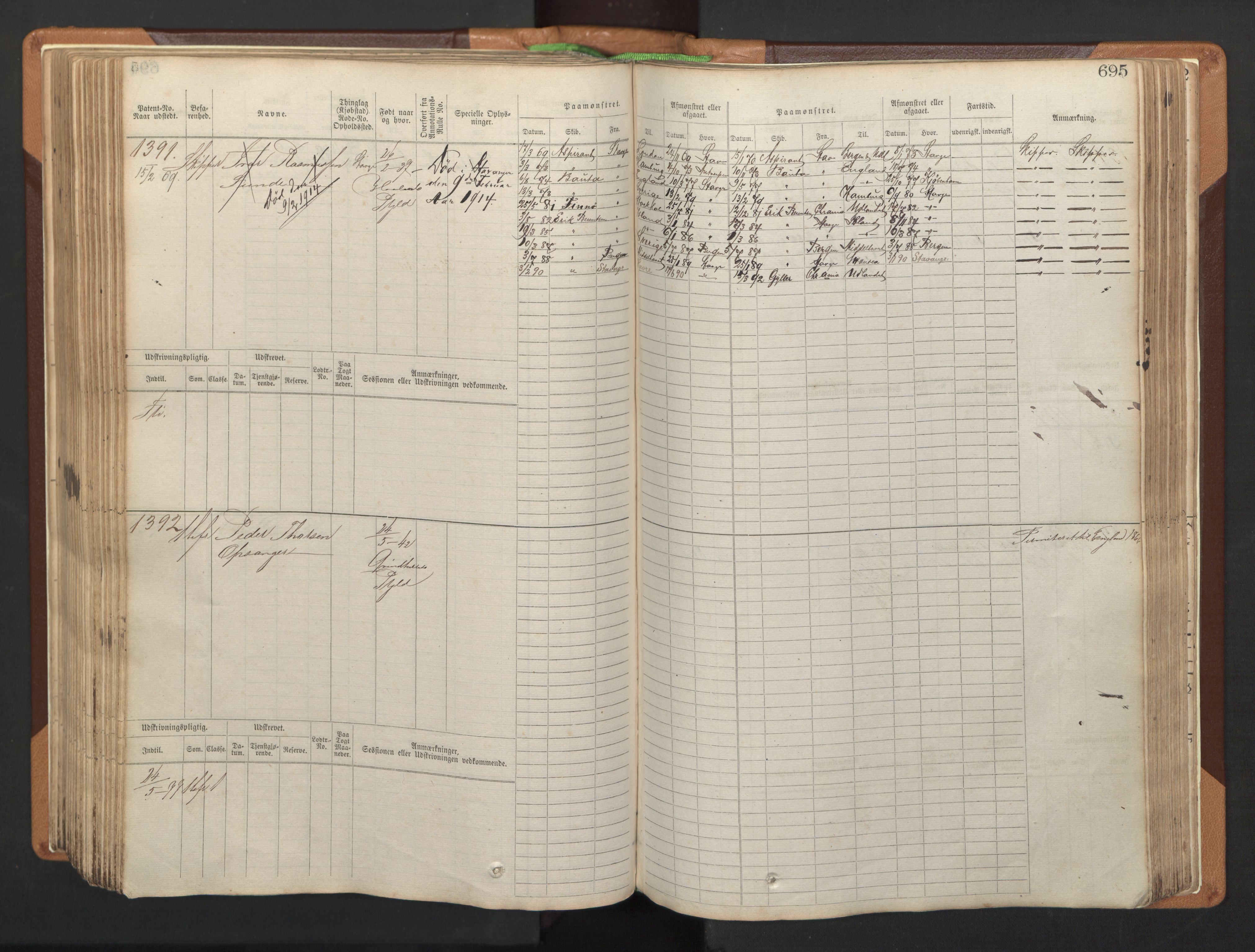 Stavanger sjømannskontor, AV/SAST-A-102006/F/Fb/Fbb/L0005: Sjøfartshovedrulle, patentnr. 793-1606 (del 2), 1869-1880, p. 307