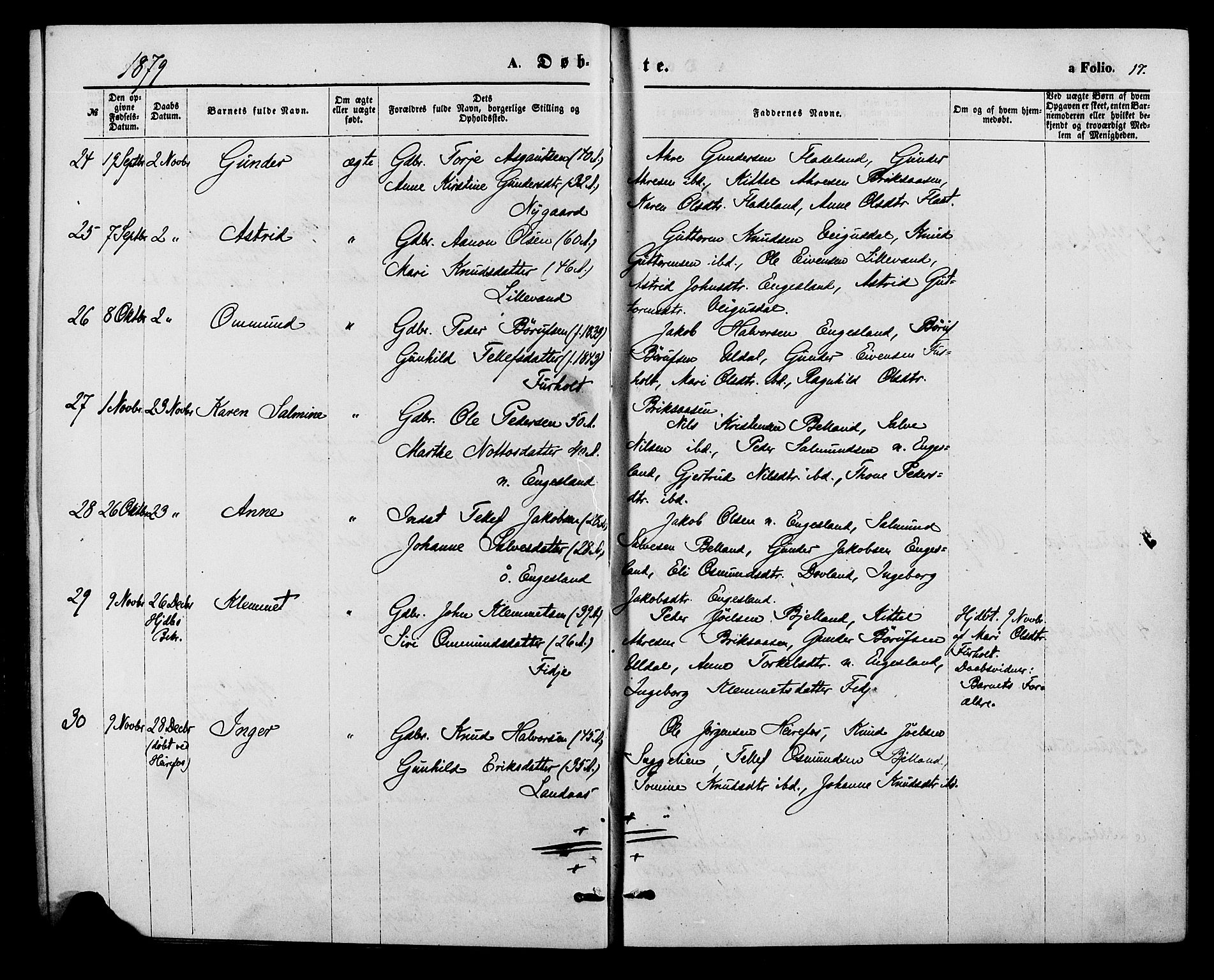 Herefoss sokneprestkontor, SAK/1111-0019/F/Fa/Fab/L0003: Parish register (official) no. A 3, 1875-1886, p. 17
