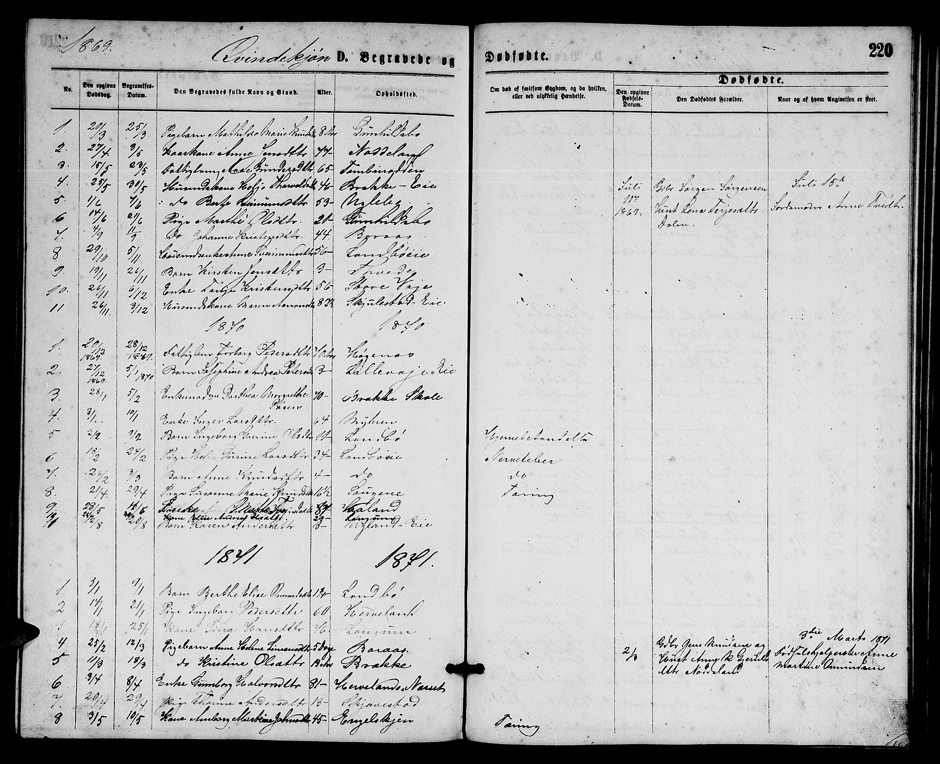 Austre Moland sokneprestkontor, SAK/1111-0001/F/Fb/Fba/L0002: Parish register (copy) no. B 2, 1869-1879, p. 220