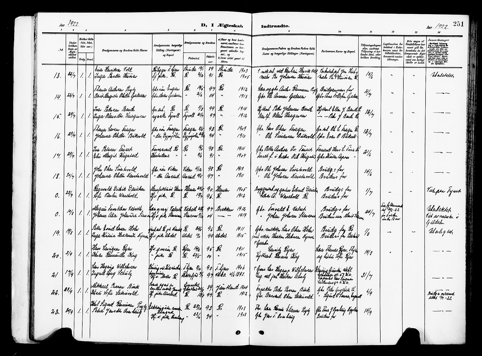 Ministerialprotokoller, klokkerbøker og fødselsregistre - Sør-Trøndelag, SAT/A-1456/681/L0942: Parish register (copy) no. 681C06, 1906-1925, p. 251
