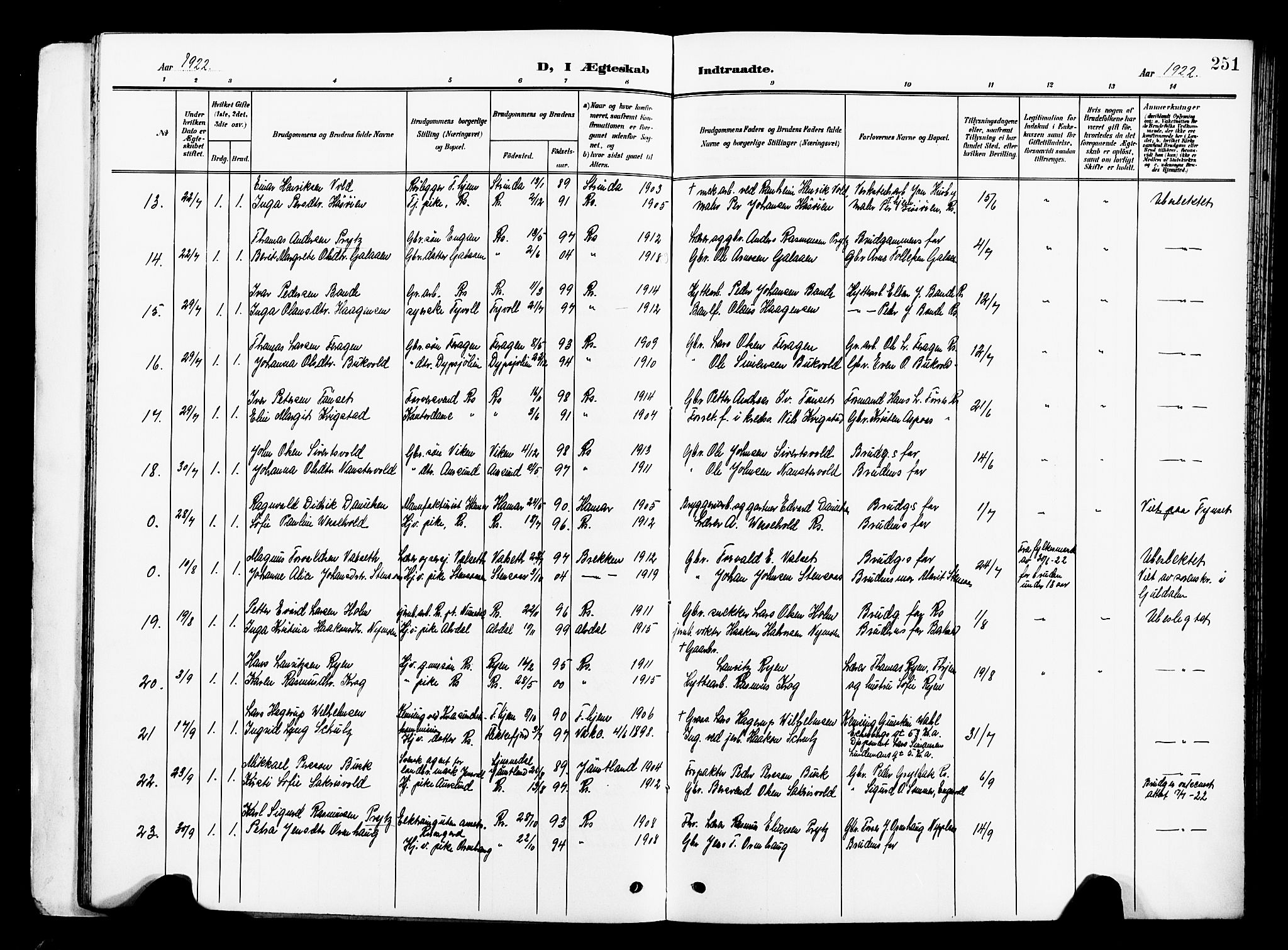 Ministerialprotokoller, klokkerbøker og fødselsregistre - Sør-Trøndelag, AV/SAT-A-1456/681/L0942: Parish register (copy) no. 681C06, 1906-1925, p. 251