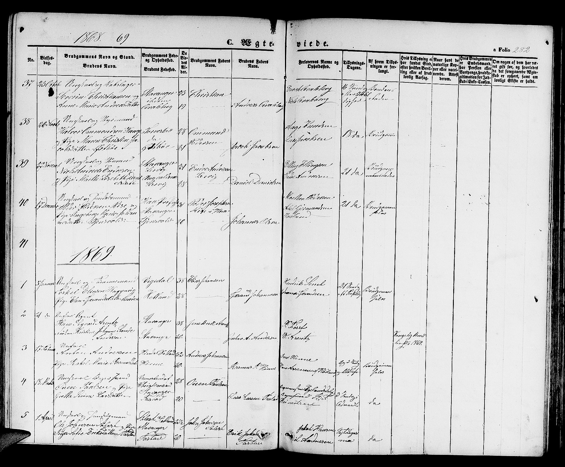 Hetland sokneprestkontor, SAST/A-101826/30/30BB/L0003: Parish register (copy) no. B 3, 1863-1877, p. 282