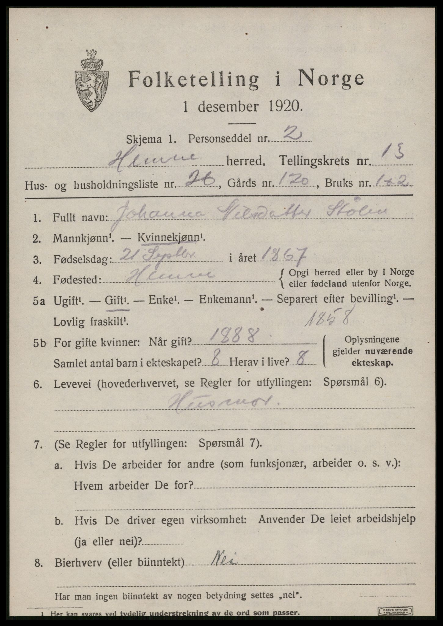 SAT, 1920 census for Hemne, 1920, p. 7548