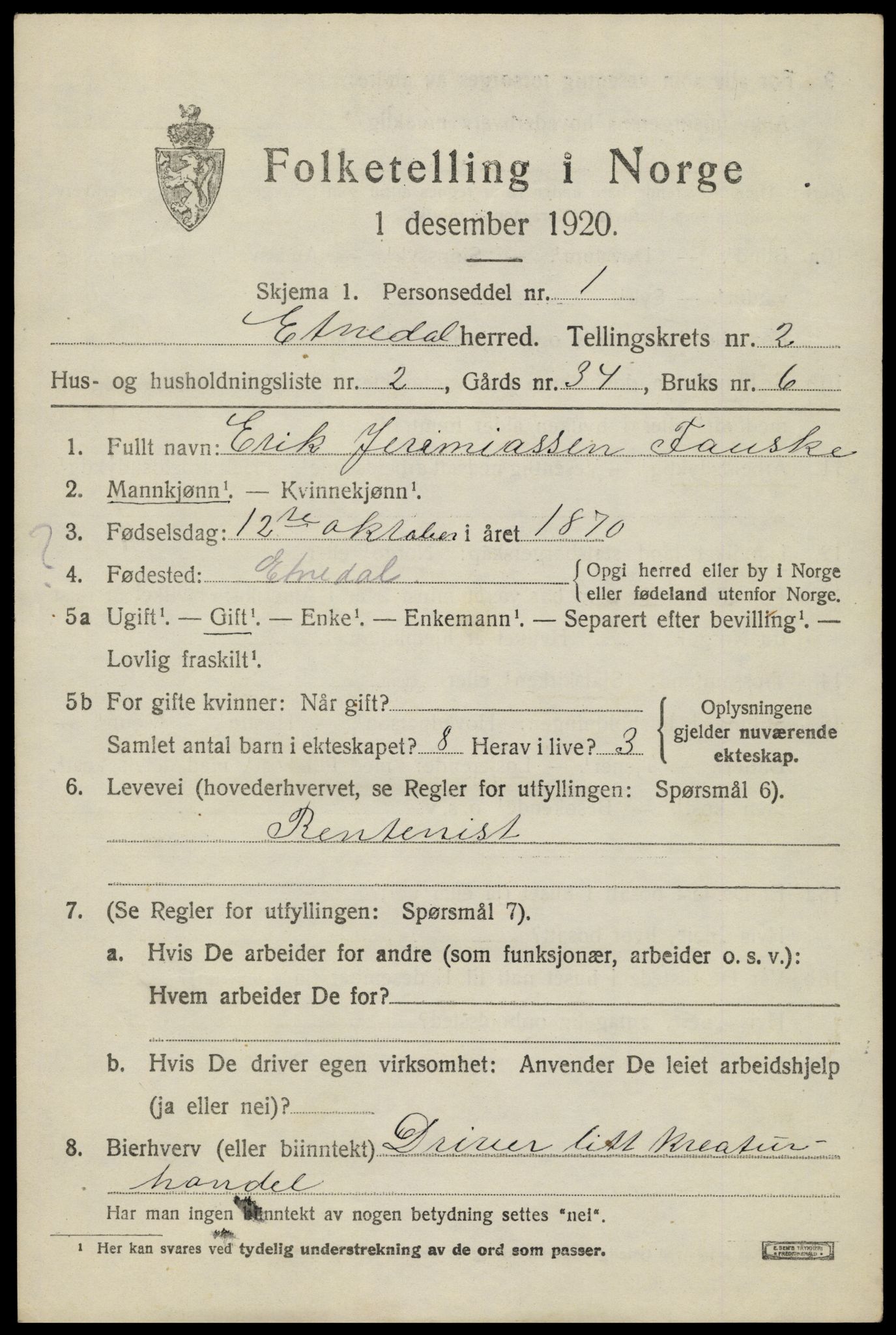 SAH, 1920 census for Etnedal, 1920, p. 1050