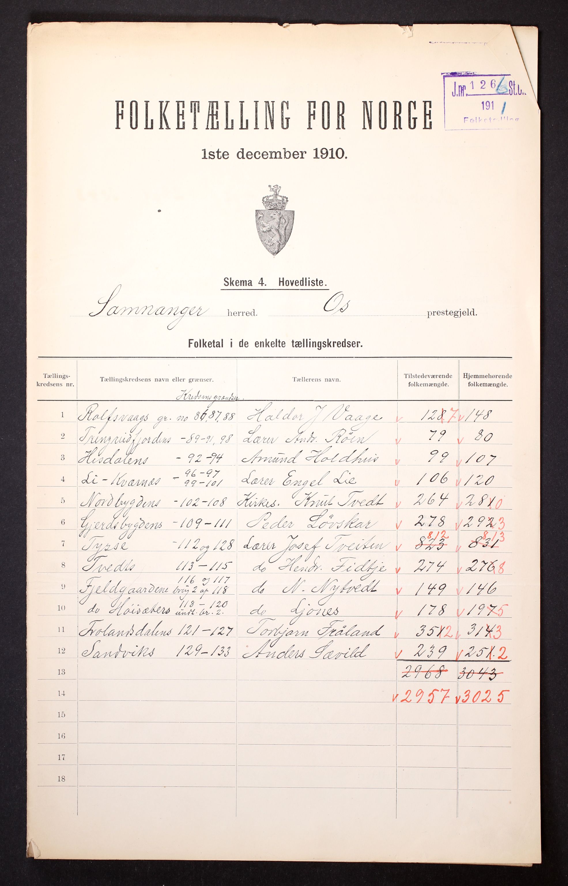 RA, 1910 census for Samnanger, 1910, p. 2
