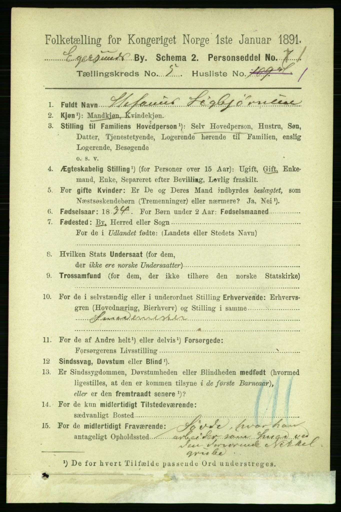 RA, 1891 census for 1101 Egersund, 1891, p. 760