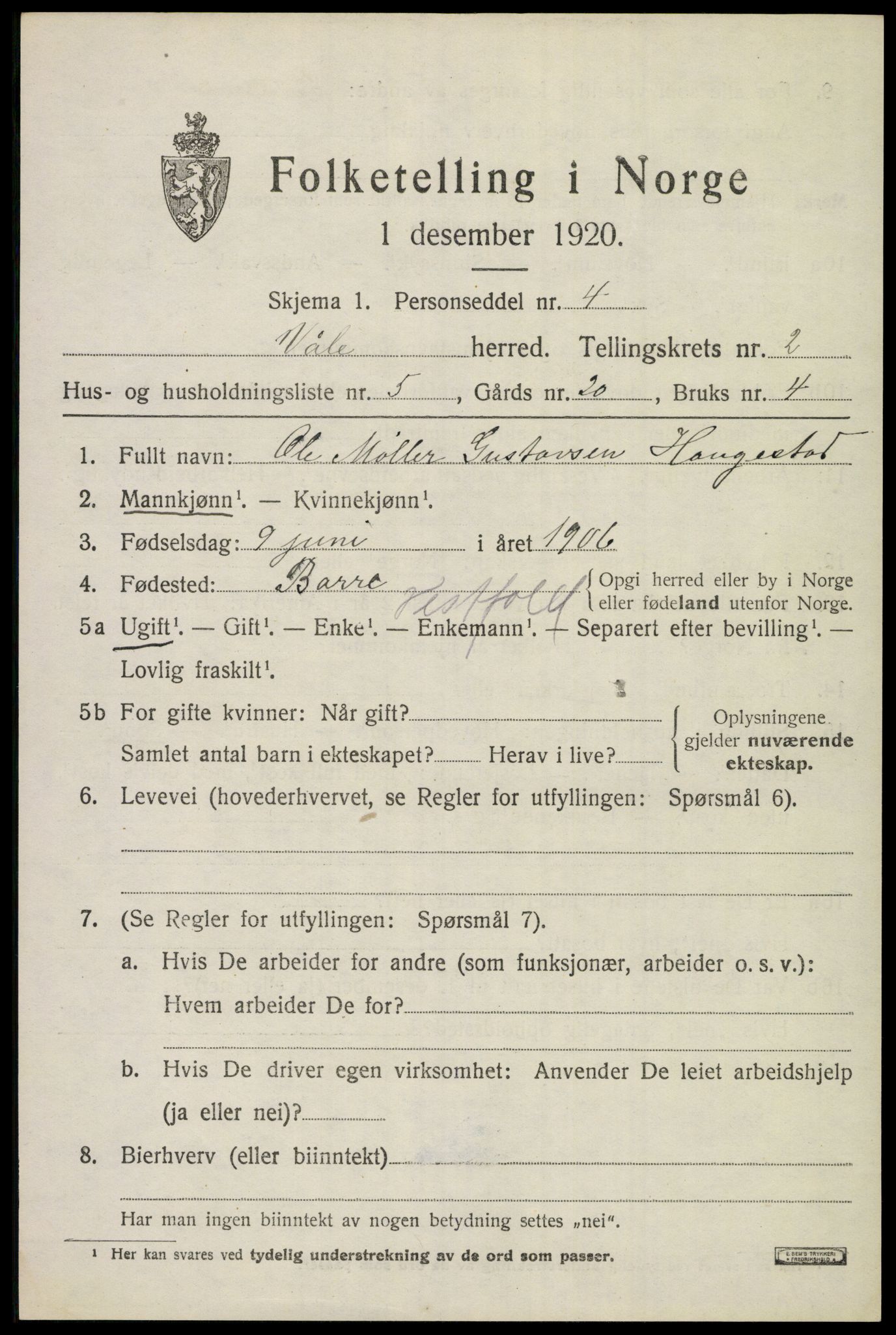 SAKO, 1920 census for Våle, 1920, p. 1956