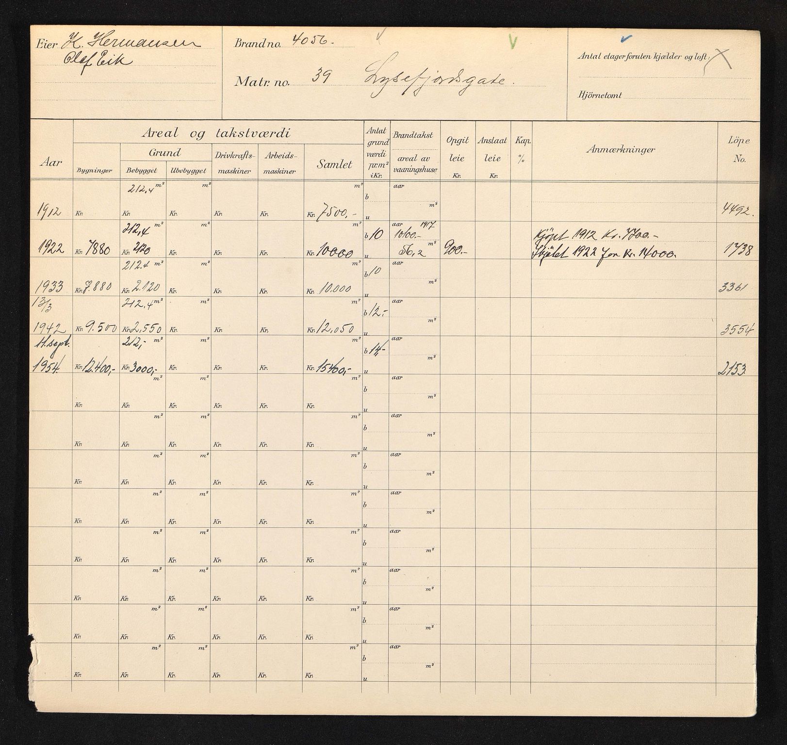 Stavanger kommune. Skattetakstvesenet, BYST/A-0440/F/Fa/Faa/L0029/0003: Skattetakstkort / Lysefjordgata 32 - 73