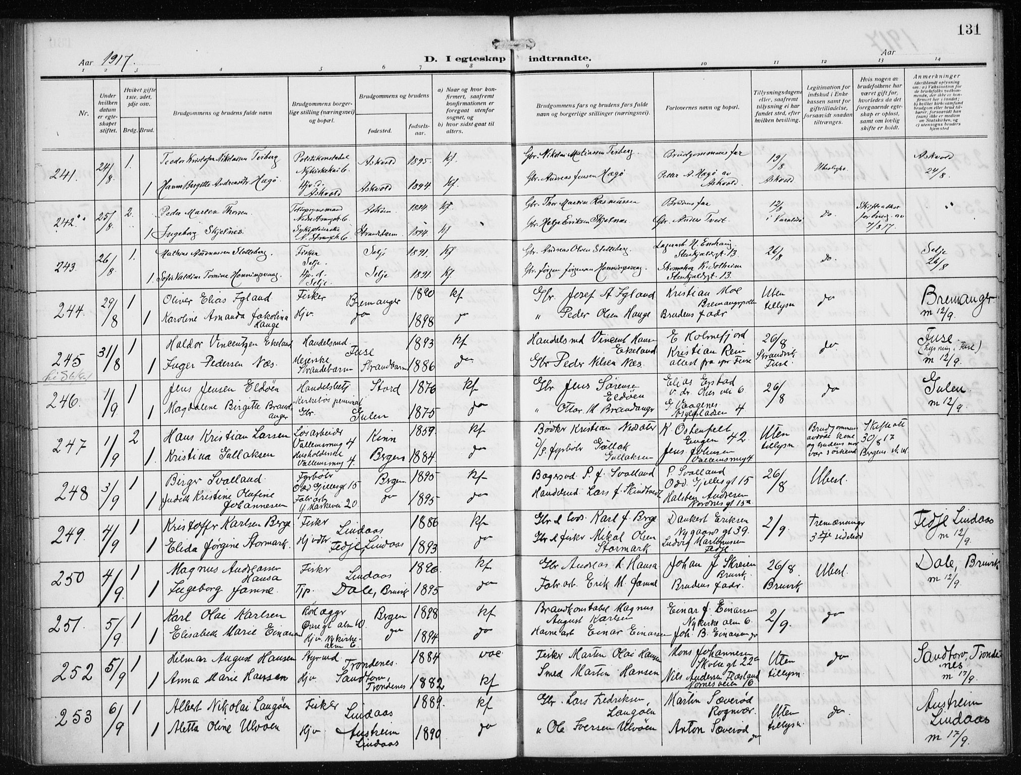 Nykirken Sokneprestembete, SAB/A-77101/H/Haa/L0036: Parish register (official) no. D 6, 1913-1918, p. 131