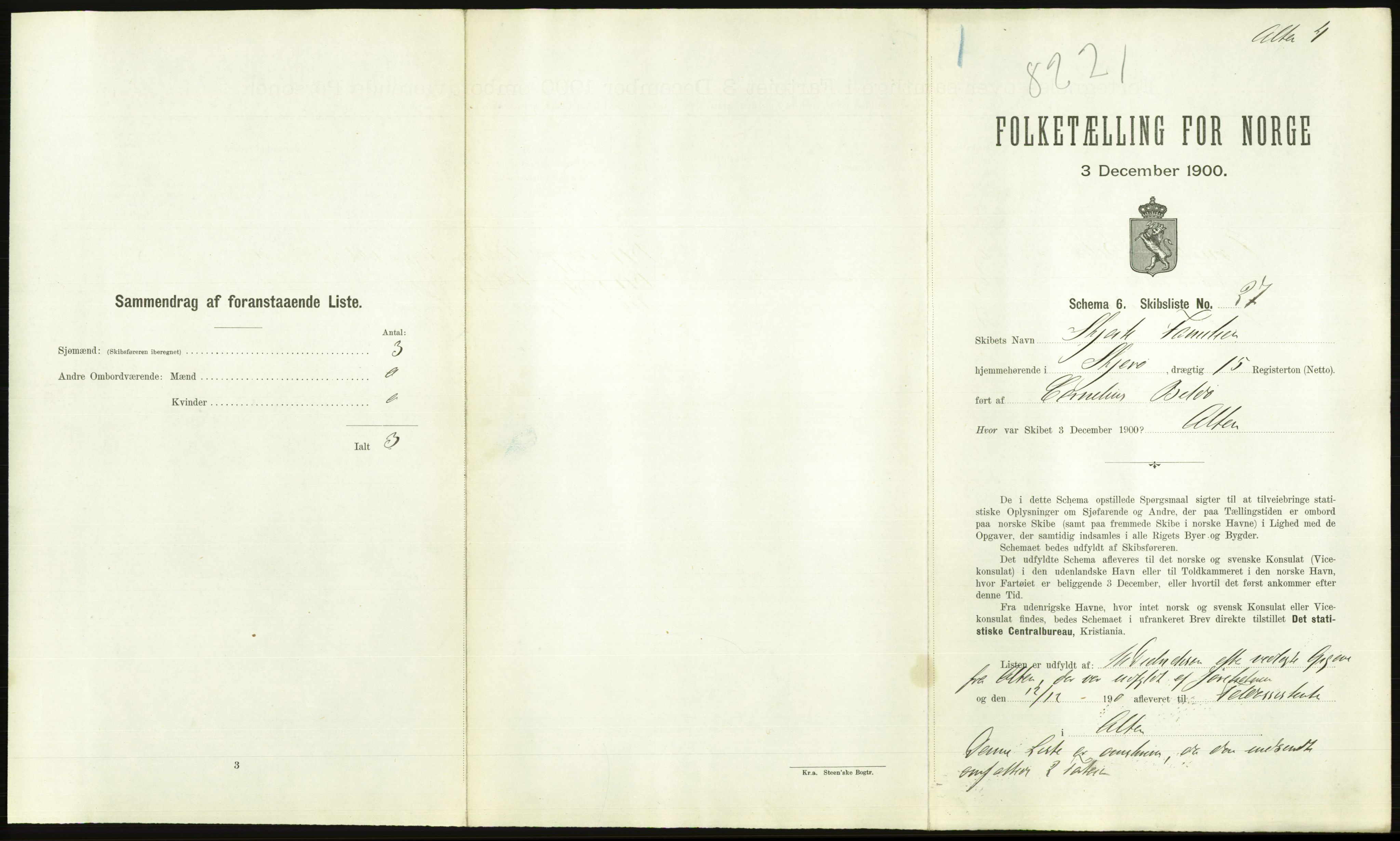 RA, 1900 Census - ship lists from ships in Norwegian harbours, harbours abroad and at sea, 1900, p. 2823