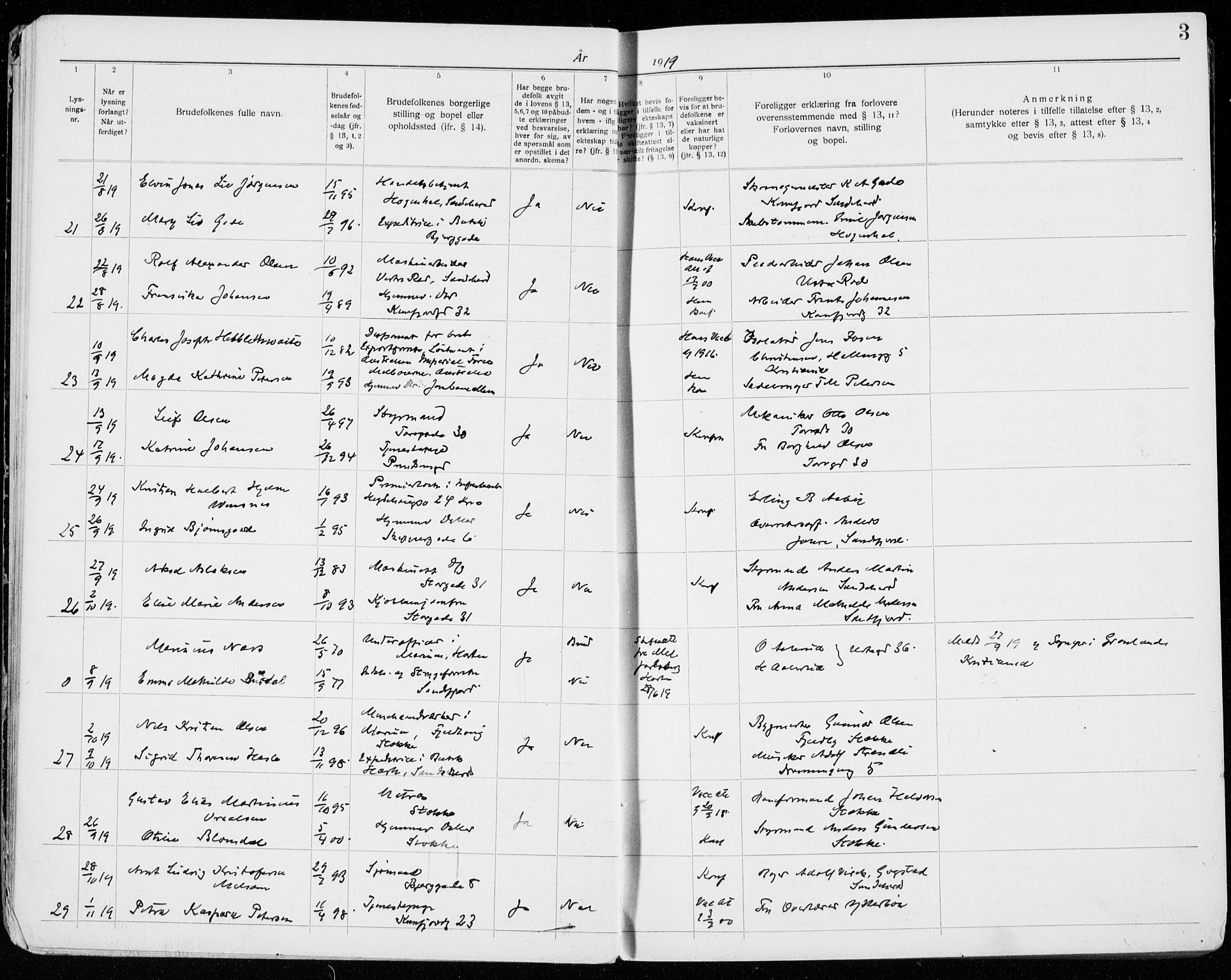 Sandefjord kirkebøker, AV/SAKO-A-315/H/Ha/L0001: Banns register no. 1, 1919-1939, p. 3