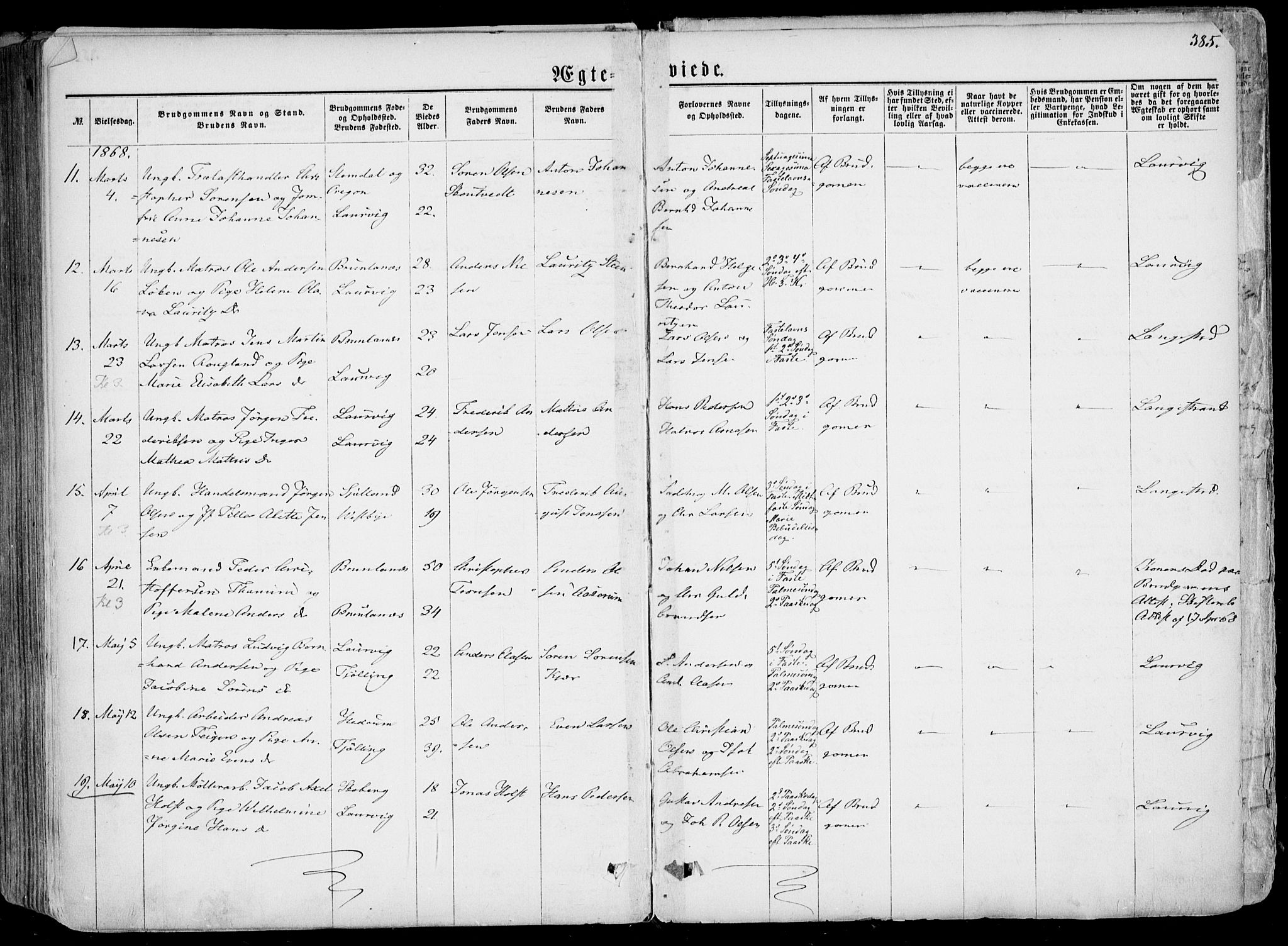 Larvik kirkebøker, AV/SAKO-A-352/F/Fa/L0004: Parish register (official) no. I 4, 1856-1870, p. 385