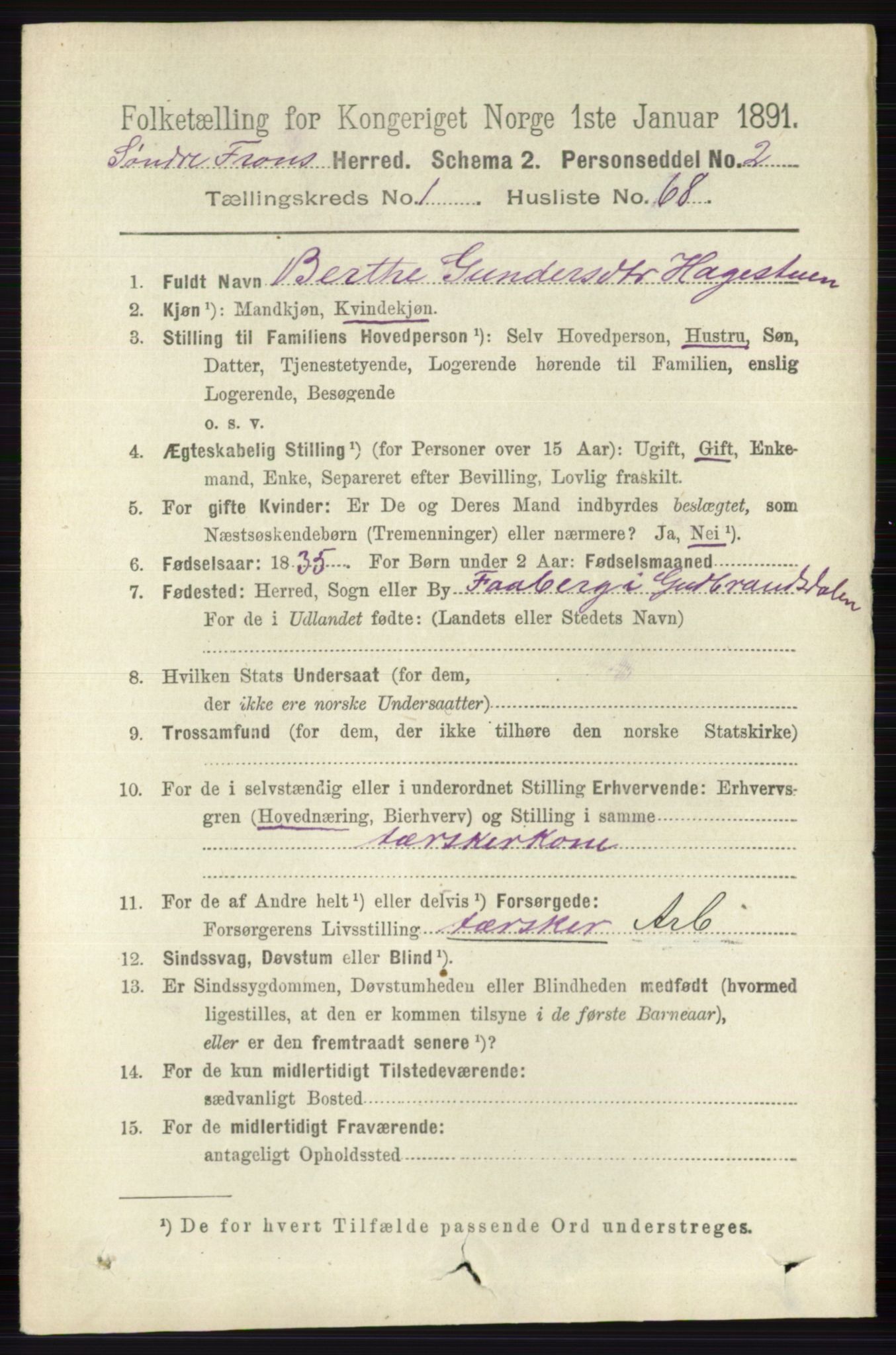 RA, 1891 census for 0519 Sør-Fron, 1891, p. 493