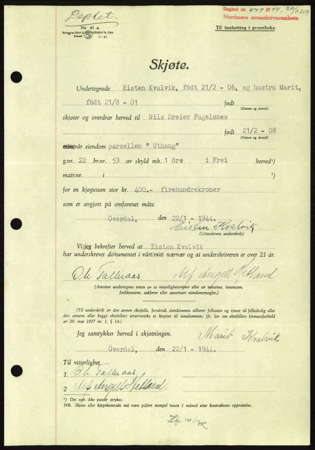 Nordmøre sorenskriveri, AV/SAT-A-4132/1/2/2Ca: Mortgage book no. A97, 1944-1944, Diary no: : 479/1944