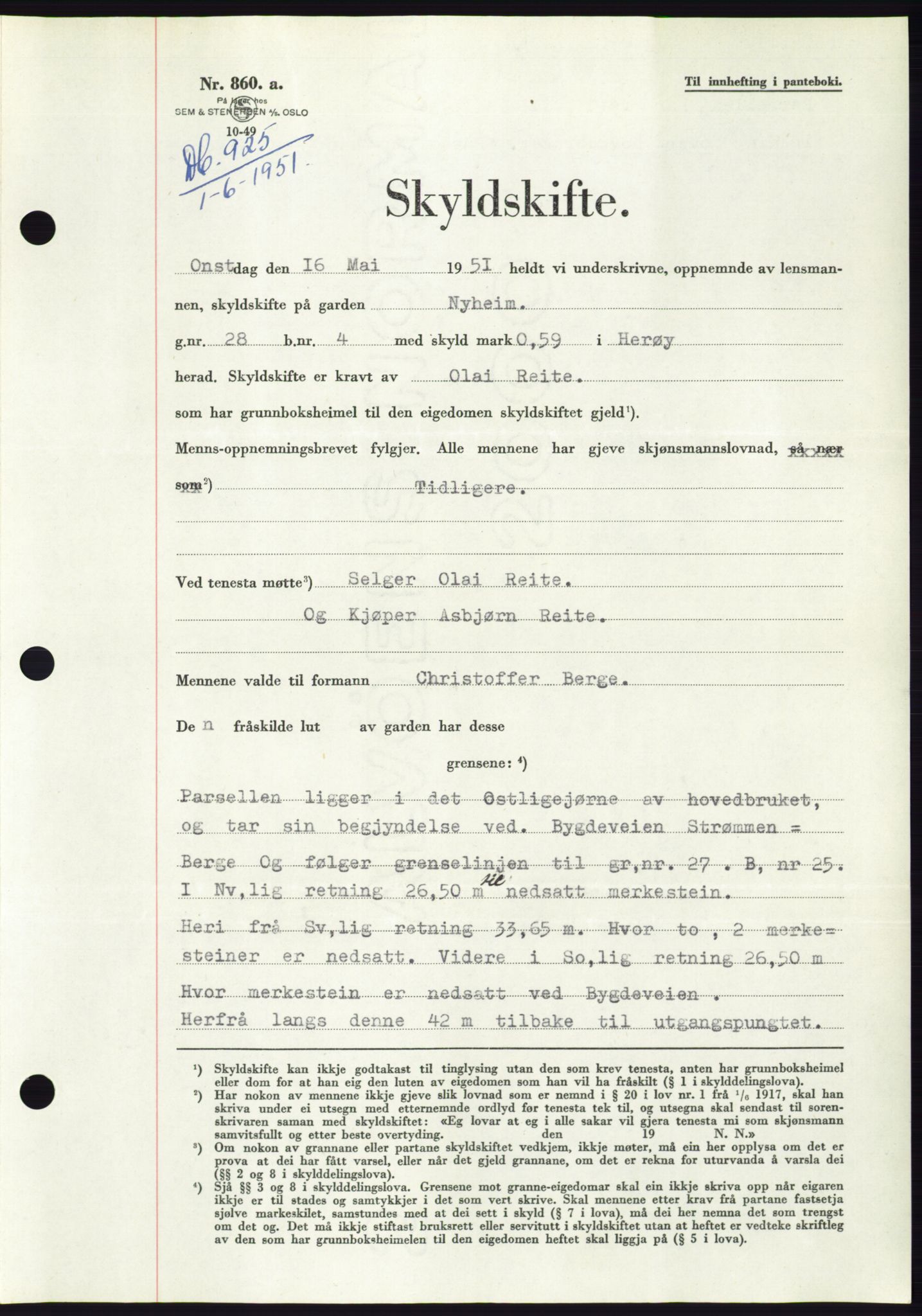 Søre Sunnmøre sorenskriveri, AV/SAT-A-4122/1/2/2C/L0089: Mortgage book no. 15A, 1951-1951, Diary no: : 925/1951