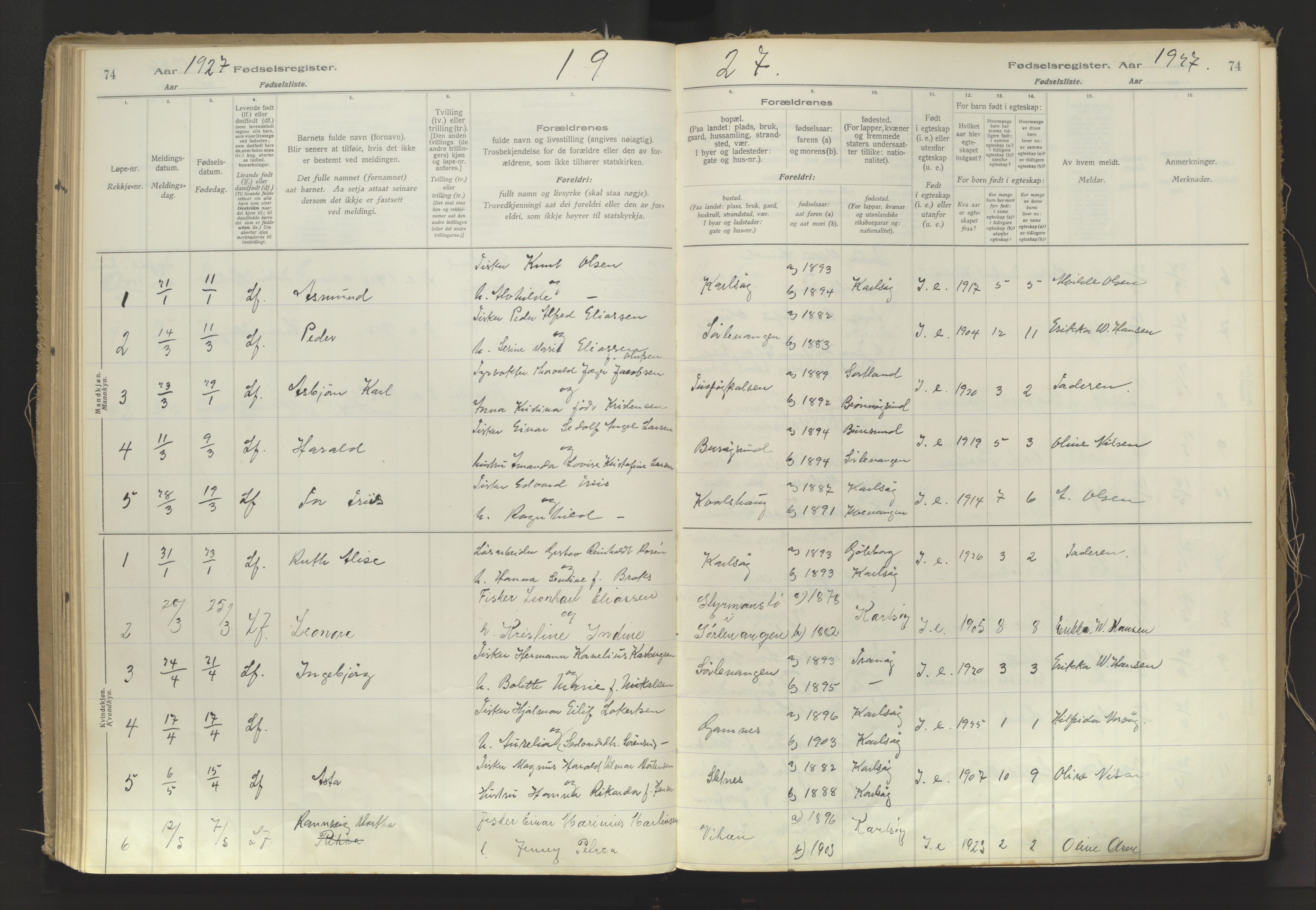 Karlsøy sokneprestembete, SATØ/S-1299/I/Ic/L0064: Birth register no. 64, 1916-1943, p. 74