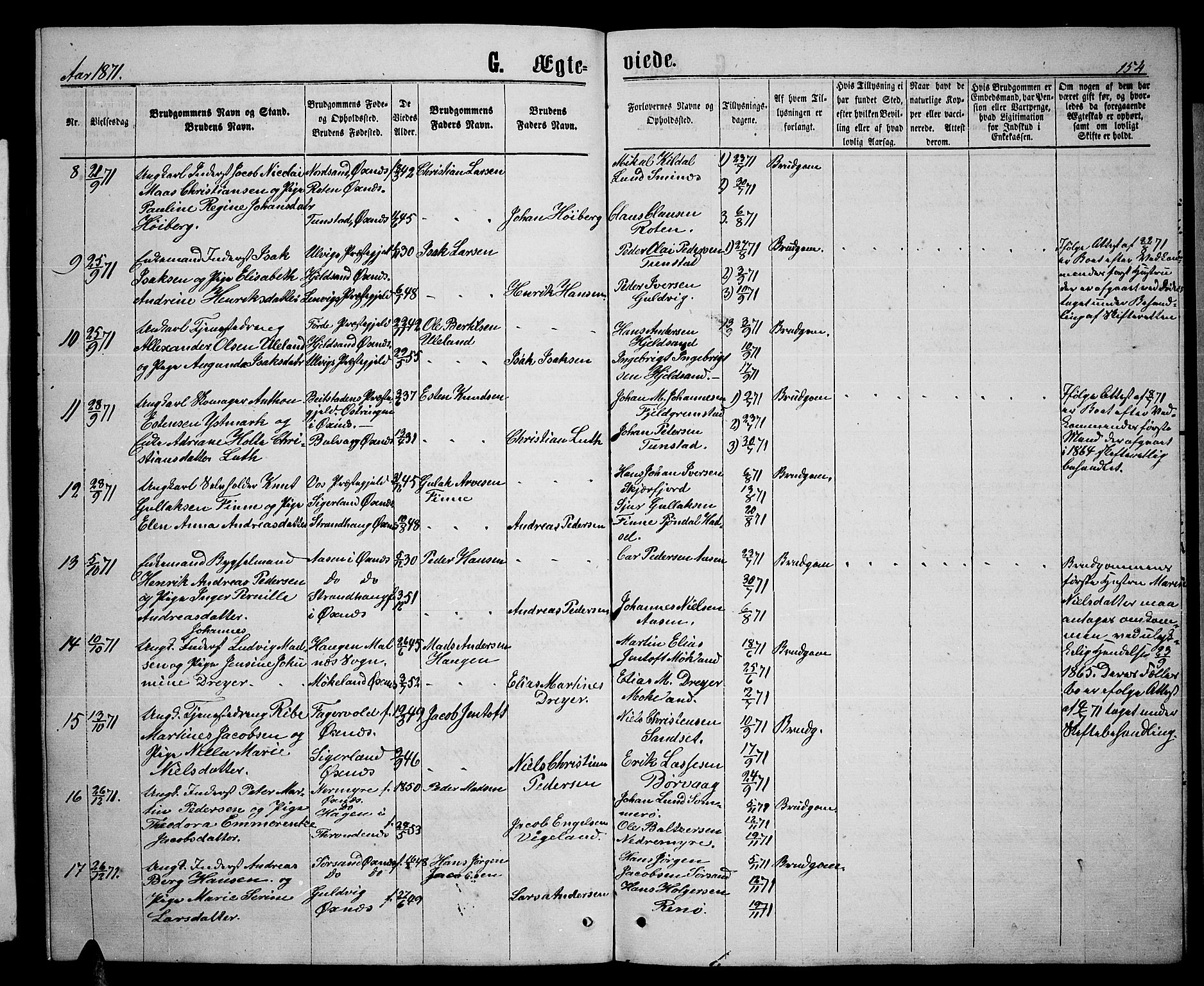 Ministerialprotokoller, klokkerbøker og fødselsregistre - Nordland, AV/SAT-A-1459/893/L1348: Parish register (copy) no. 893C03, 1867-1877, p. 154