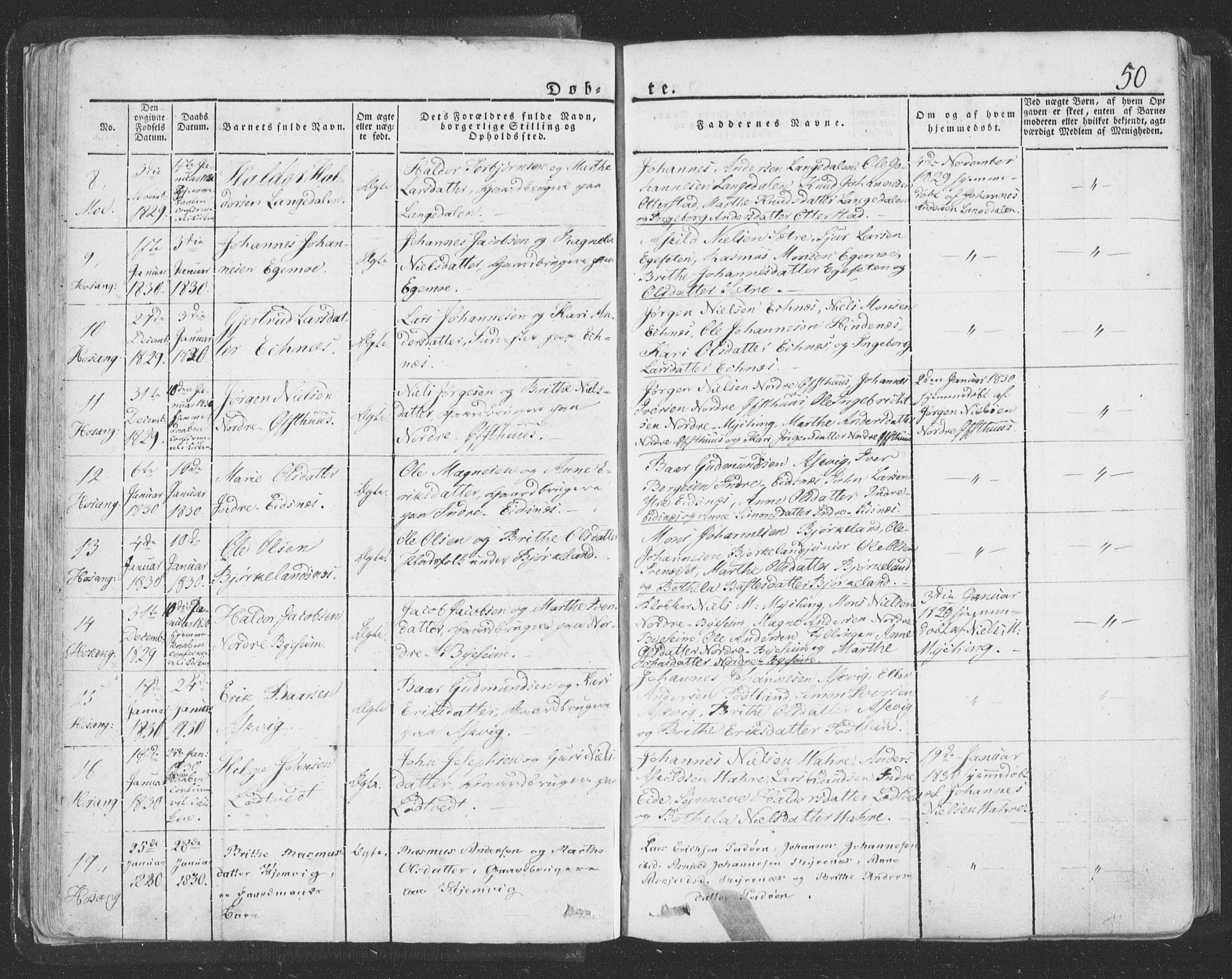 Hosanger sokneprestembete, AV/SAB-A-75801/H/Haa: Parish register (official) no. A 6, 1824-1835, p. 50