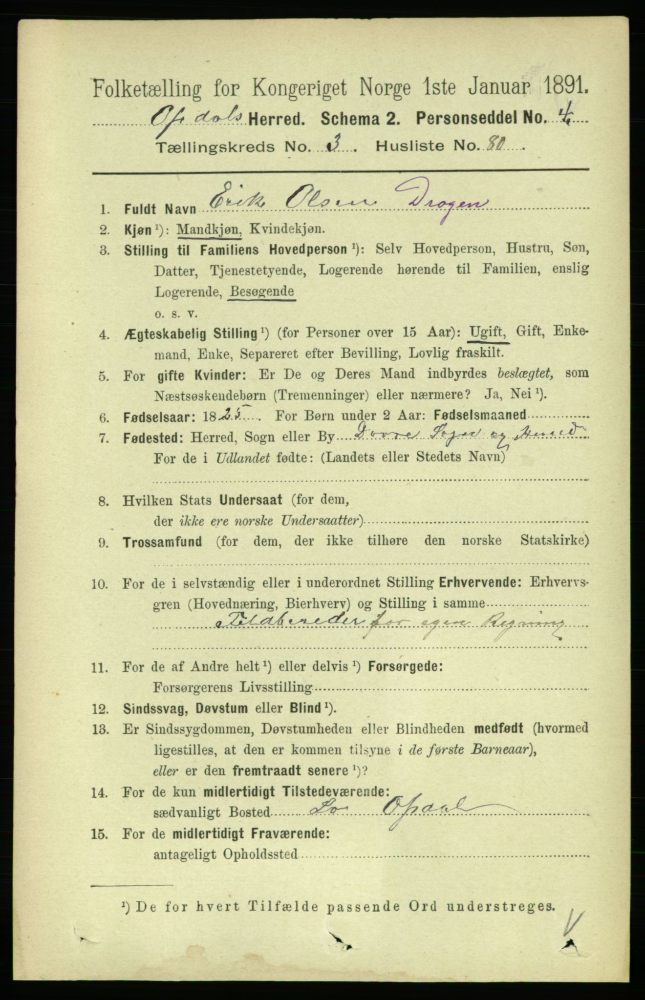 RA, 1891 census for 1634 Oppdal, 1891, p. 1725