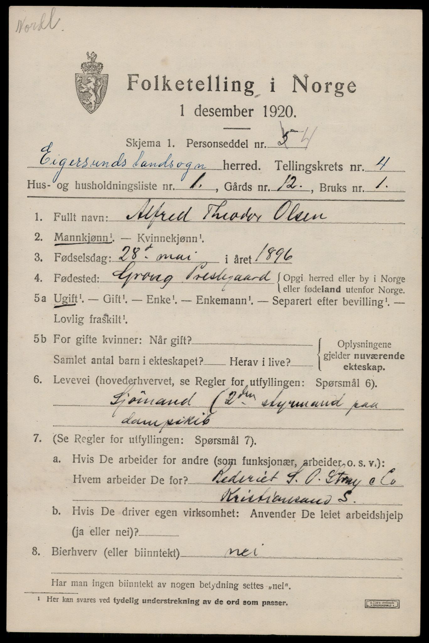 SAST, 1920 census for Eigersund, 1920, p. 2799