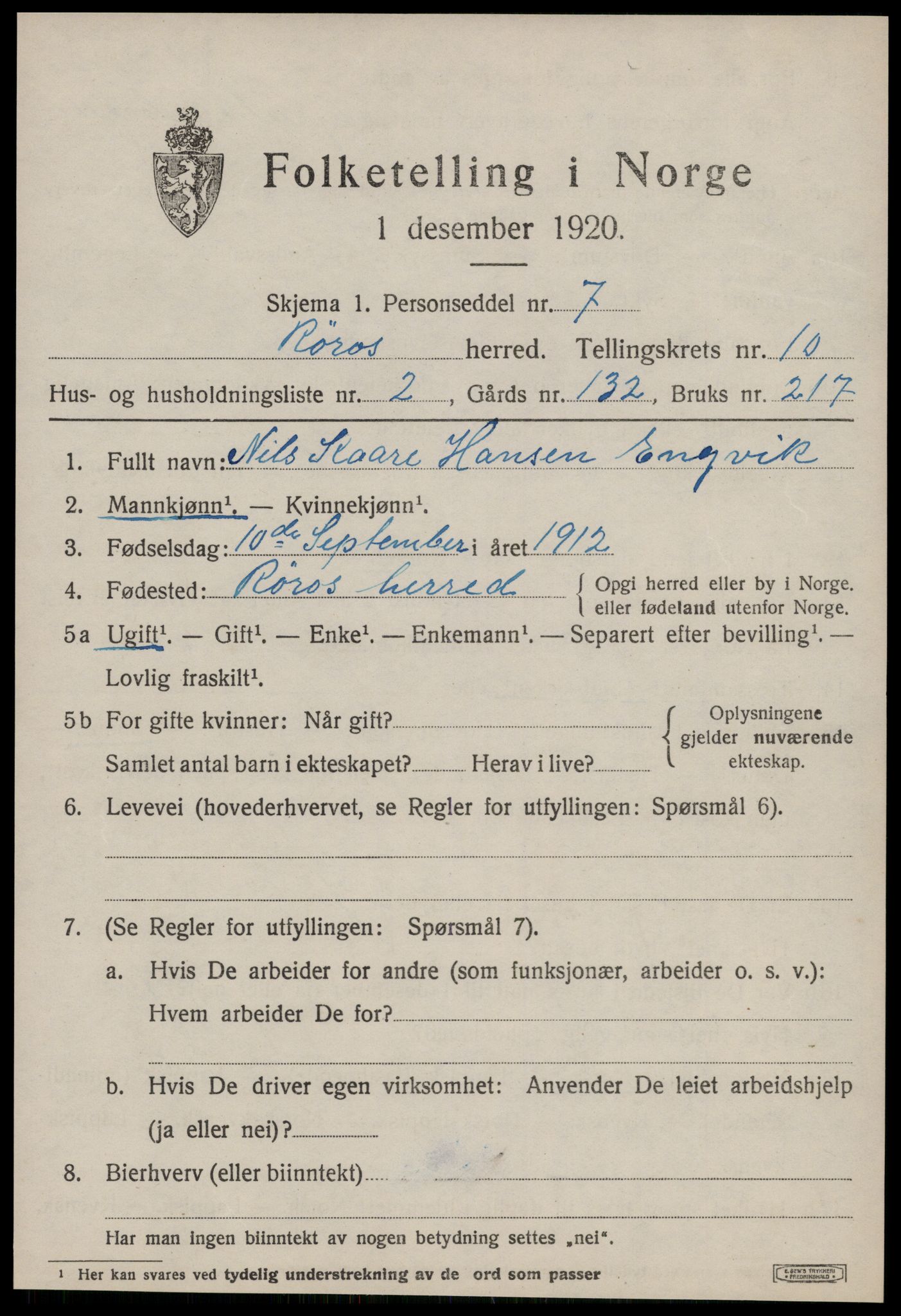 SAT, 1920 census for Røros, 1920, p. 8194