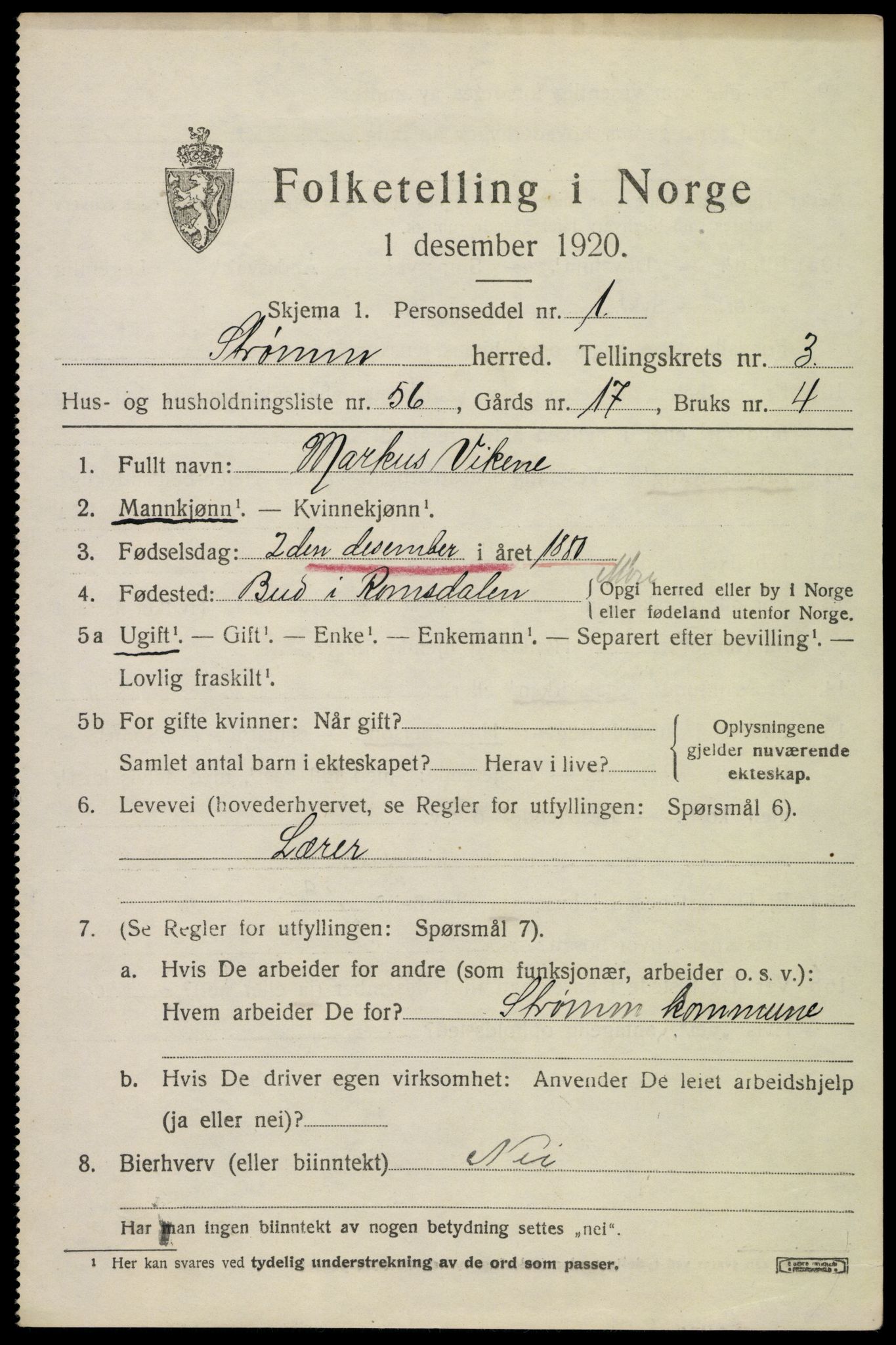 SAKO, 1920 census for Strømm, 1920, p. 2507