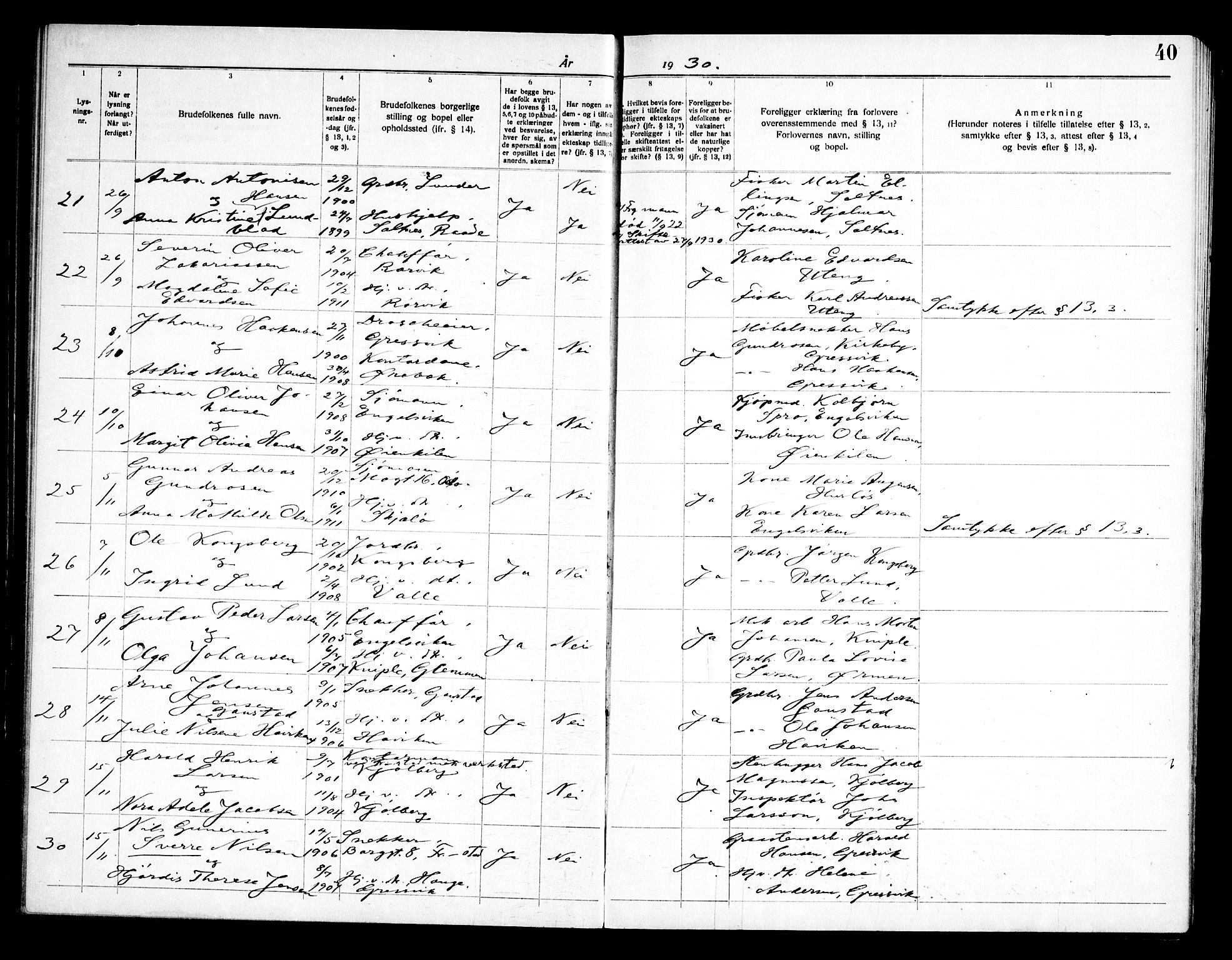 Onsøy prestekontor Kirkebøker, SAO/A-10914/H/Ha/L0001: Banns register no. I 1, 1919-1956, p. 40