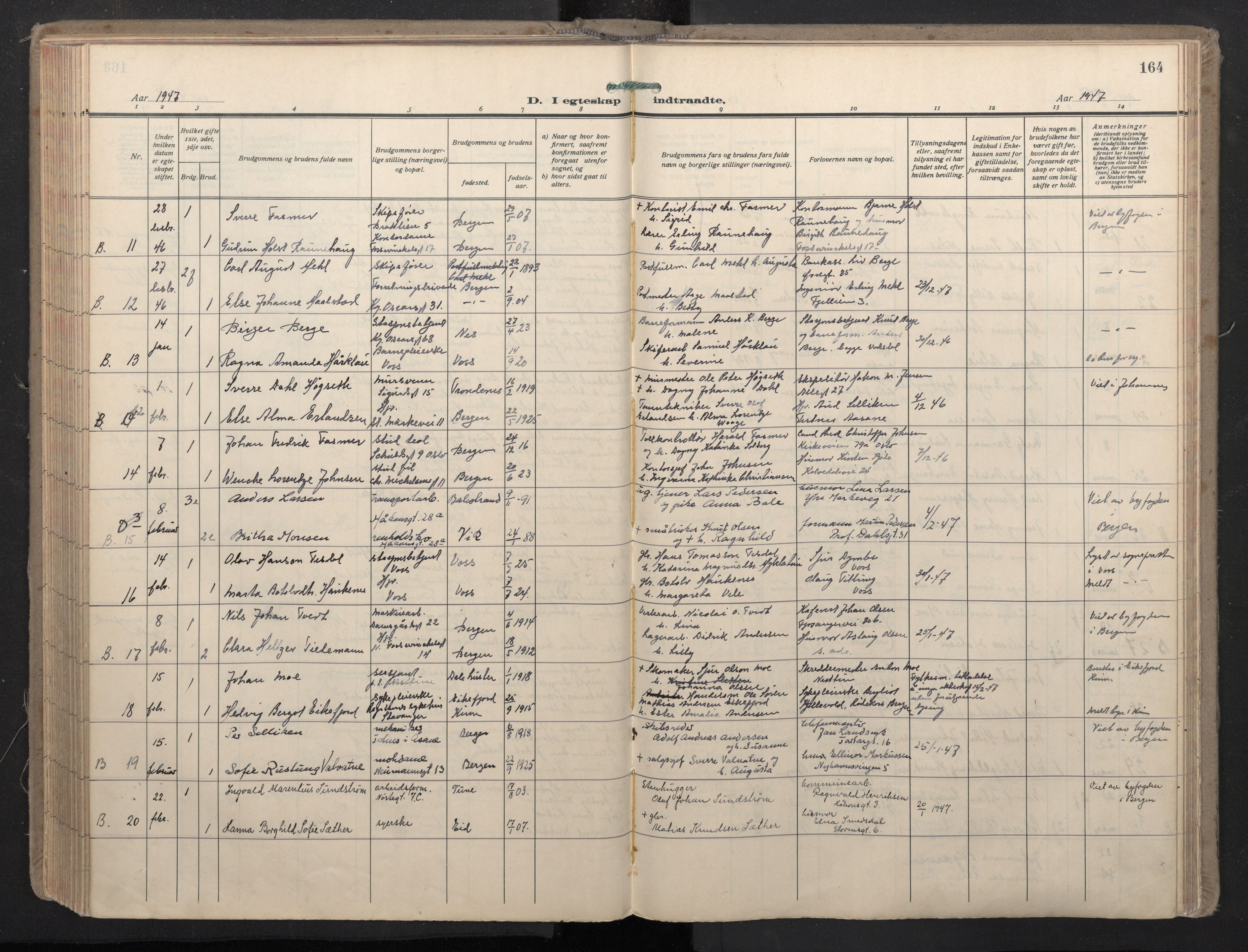 Domkirken sokneprestembete, SAB/A-74801/H/Haa: Parish register (official) no. D 7, 1937-1950, p. 163b-164a