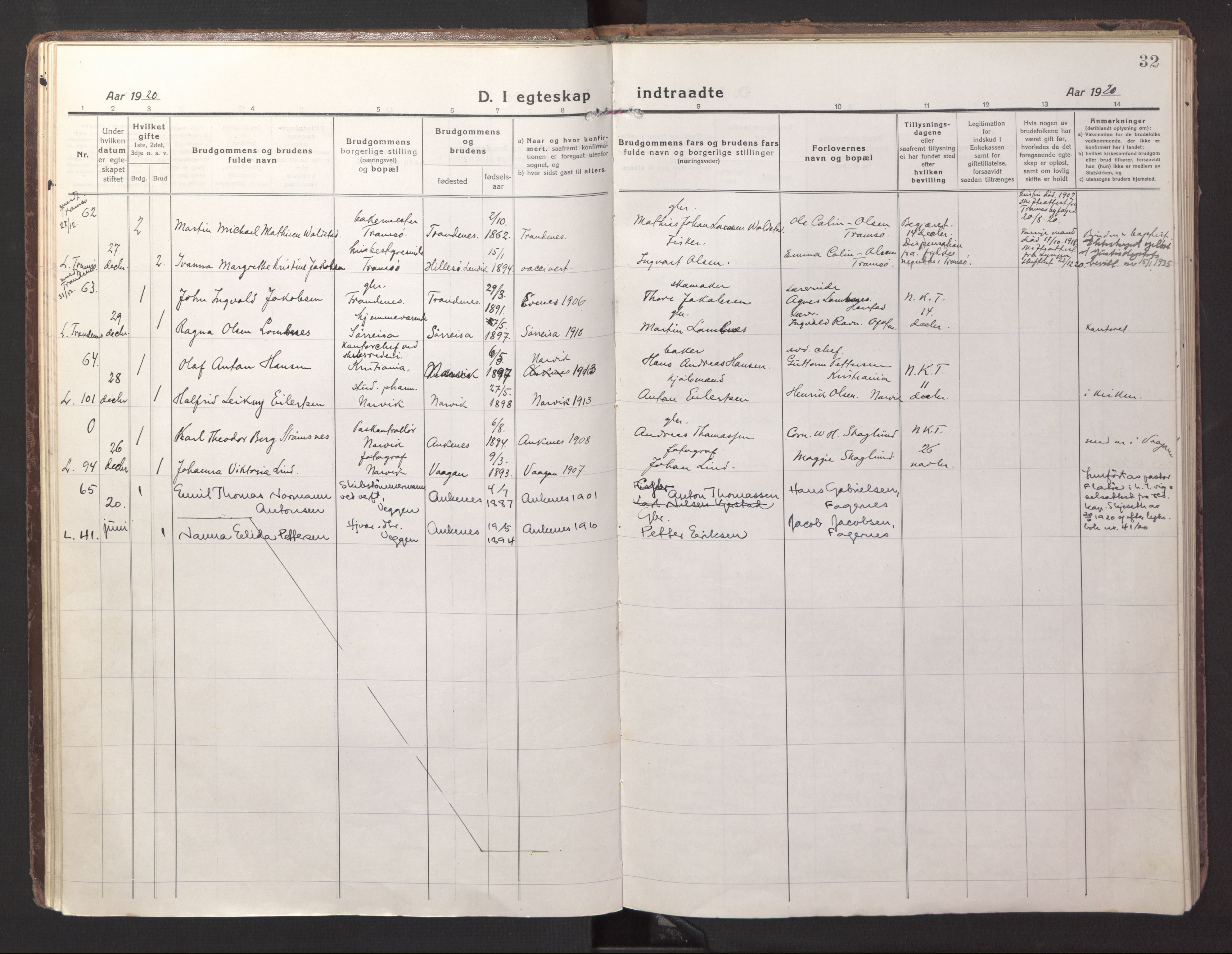 Ministerialprotokoller, klokkerbøker og fødselsregistre - Nordland, AV/SAT-A-1459/871/L1002: Parish register (official) no. 871A18, 1917-1926, p. 32