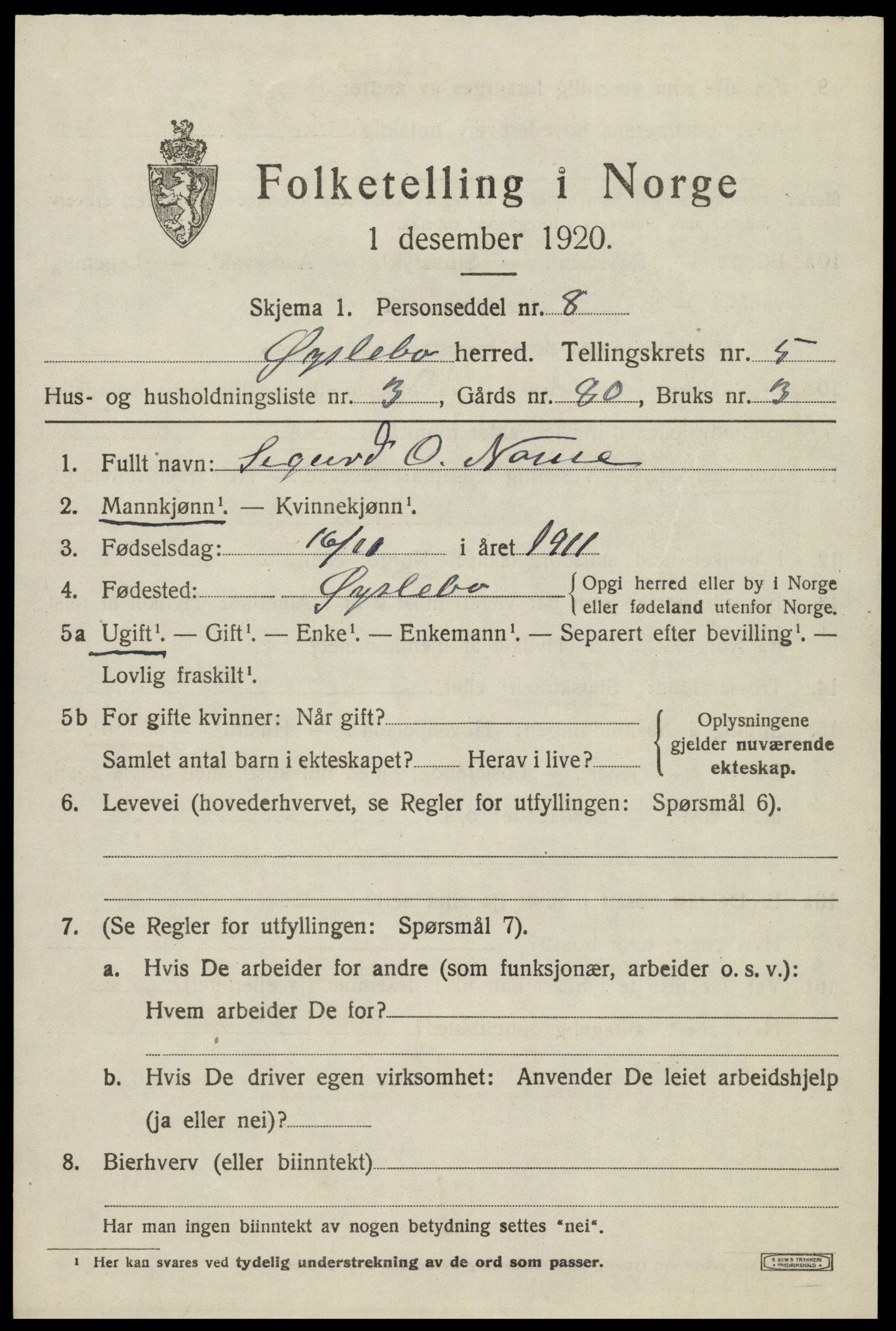 SAK, 1920 census for Øyslebø, 1920, p. 1318