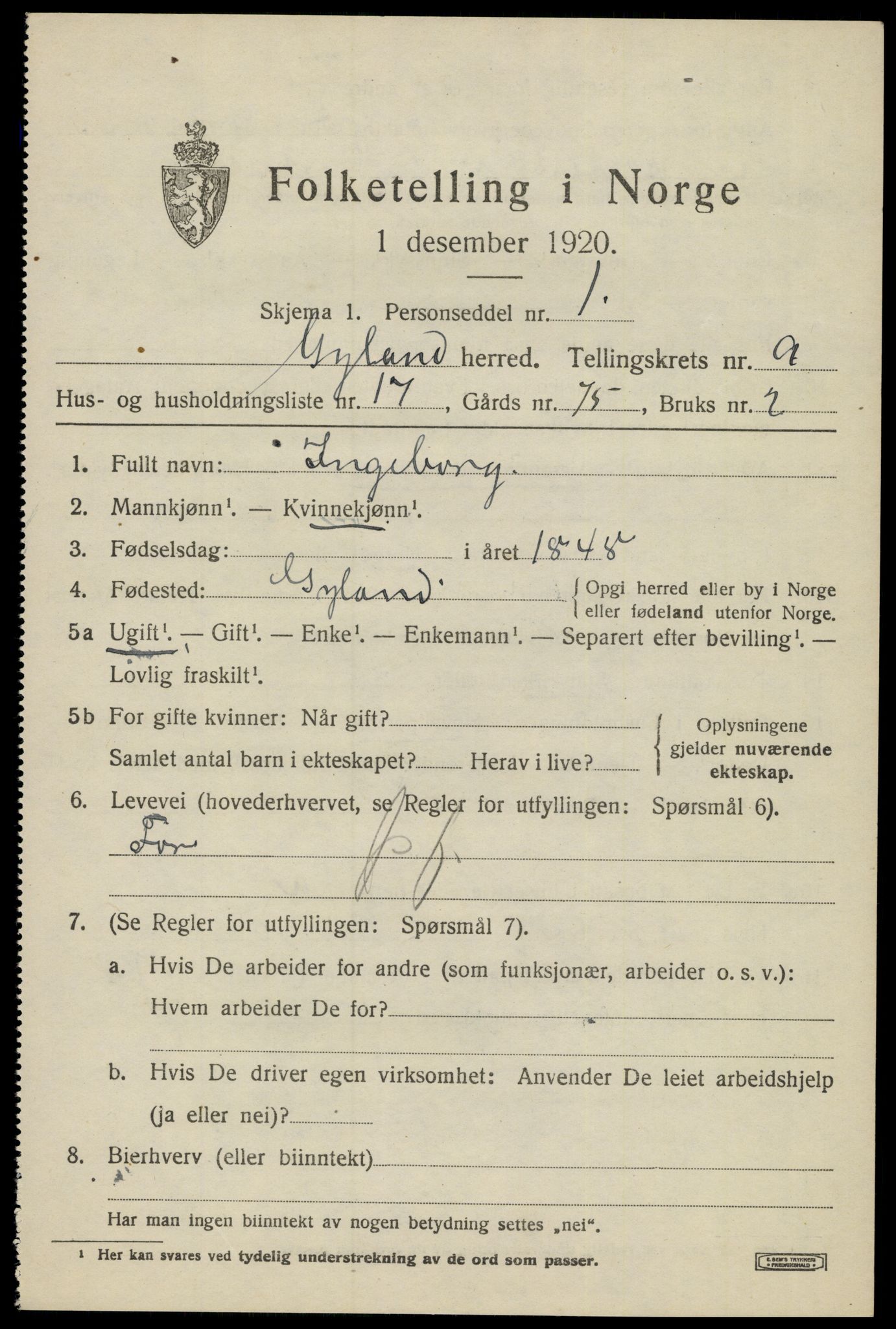 SAK, 1920 census for Gyland, 1920, p. 2170