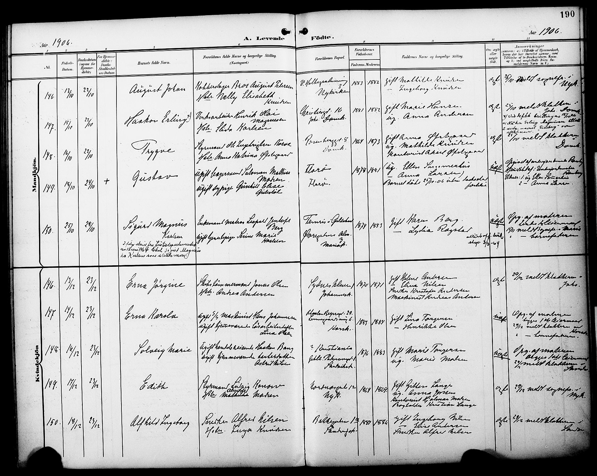 Fødselsstiftelsens sokneprestembete*, SAB/-: Parish register (official) no. A 3, 1901-1910, p. 190