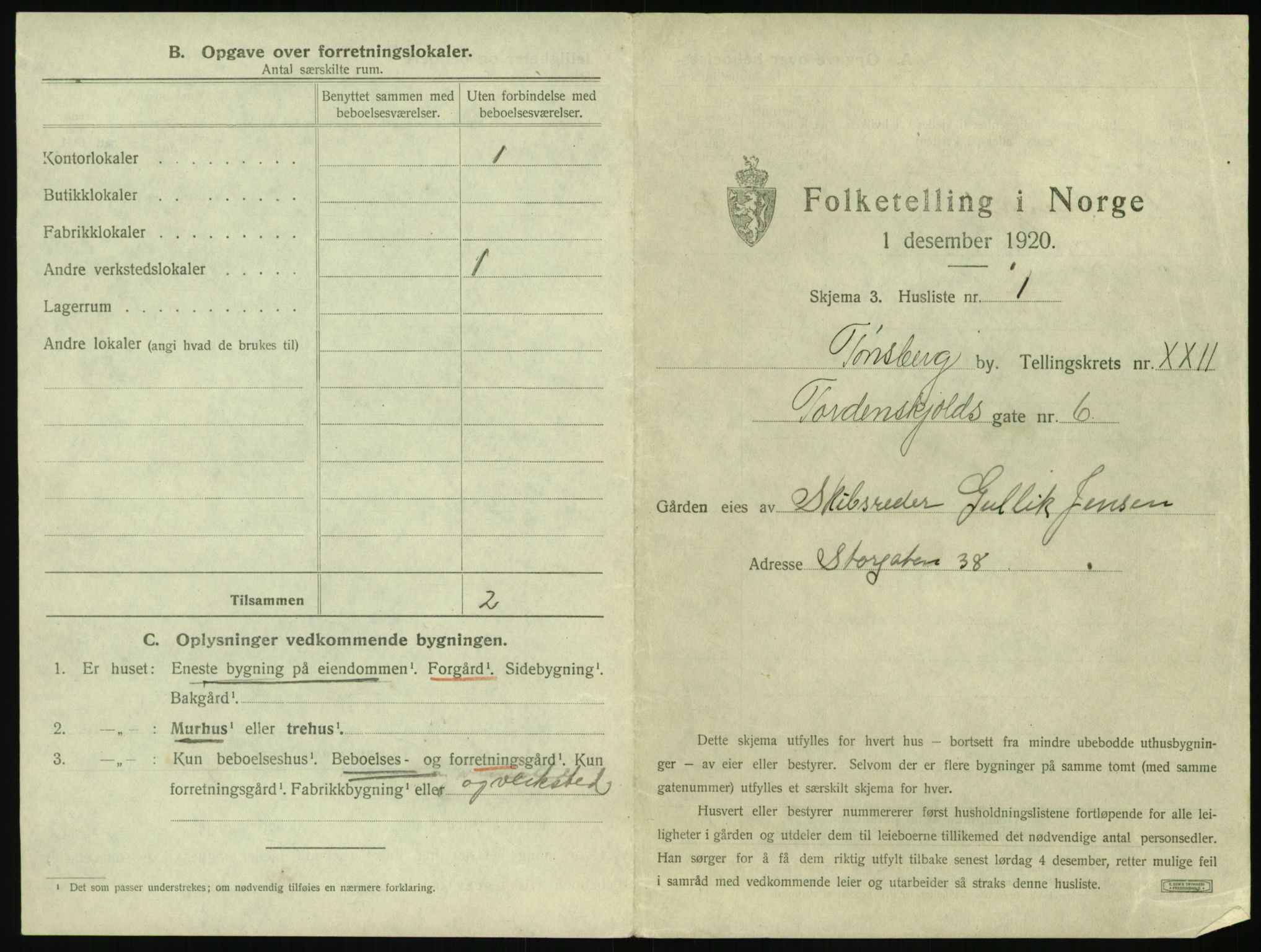 SAKO, 1920 census for Tønsberg, 1920, p. 2165